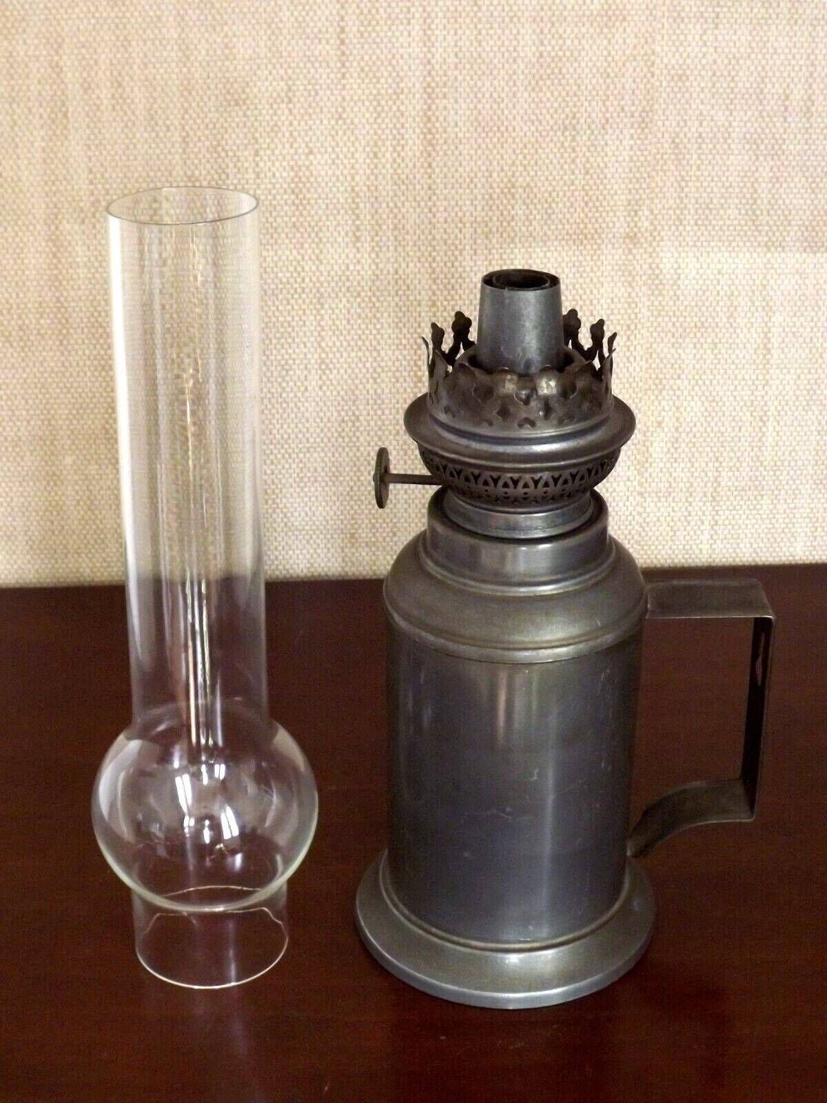 Original French Antique Oil Lantern With Pewter Base And Clear Glass Funnel   French Antique. Antique Pewter Oil Lantern. Hanging Lantern.