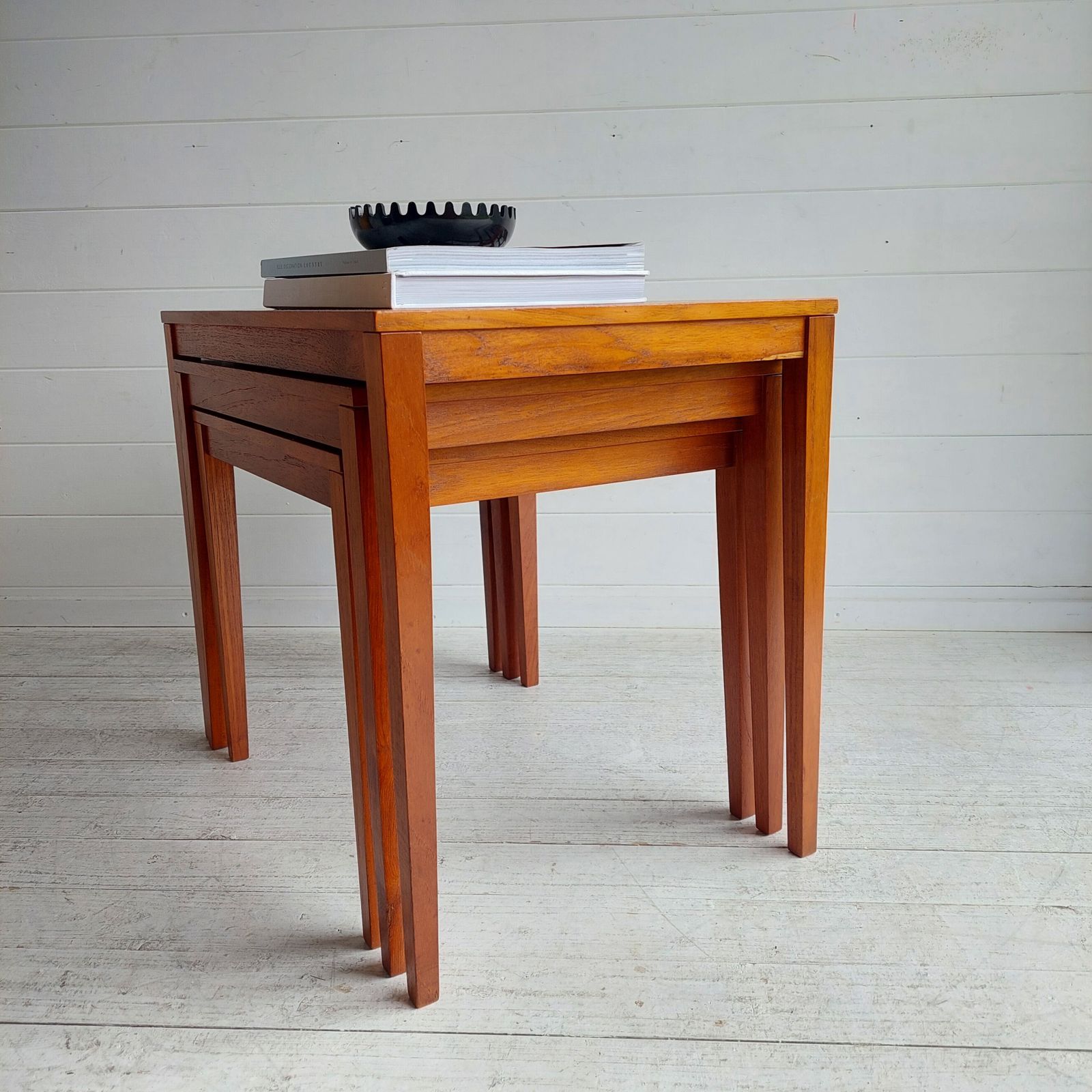 Mid Century Danish Teak Nest Of Tables  Bent Silberg Møbler Style Nesting Side Tables 60s photo vinterior