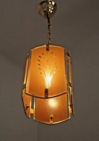 Vintage French Gold Metal Ceiling Light Wheat Sheaf Orange Glass Panels   French Vintage Lighting. Glass Panel Light. Wheatsheaf Pattern. photo furniture