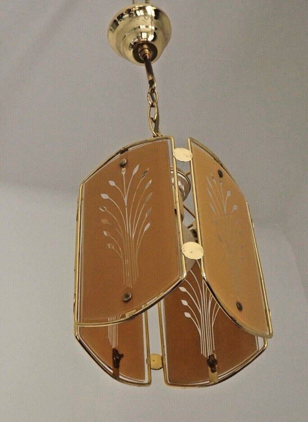 Vintage French Gold Metal Ceiling Light Wheat Sheaf Orange Glass Panels   French Vintage Lighting. Glass Panel Light. Wheatsheaf Pattern.