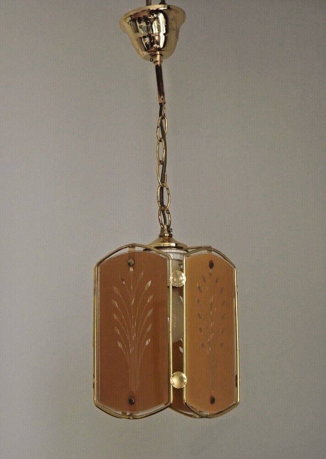 Vintage French Gold Metal Ceiling Light Wheat Sheaf Orange Glass Panels   French Vintage Lighting. Glass Panel Light. Wheatsheaf Pattern. photo Lighting