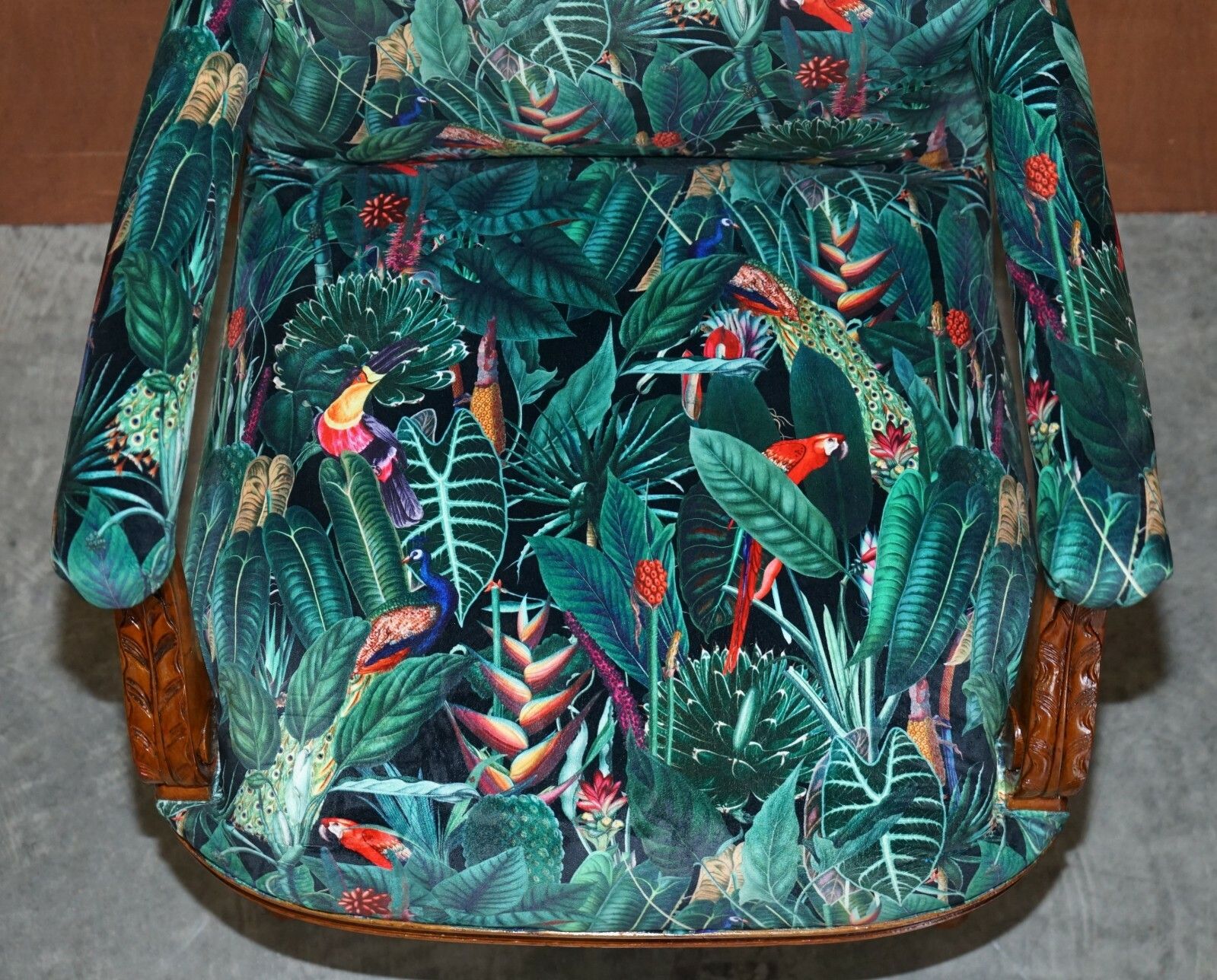 Lovely Vintage English Carver Walnut Armchair With Birds Of Paradise Upholstery photo 1850.0