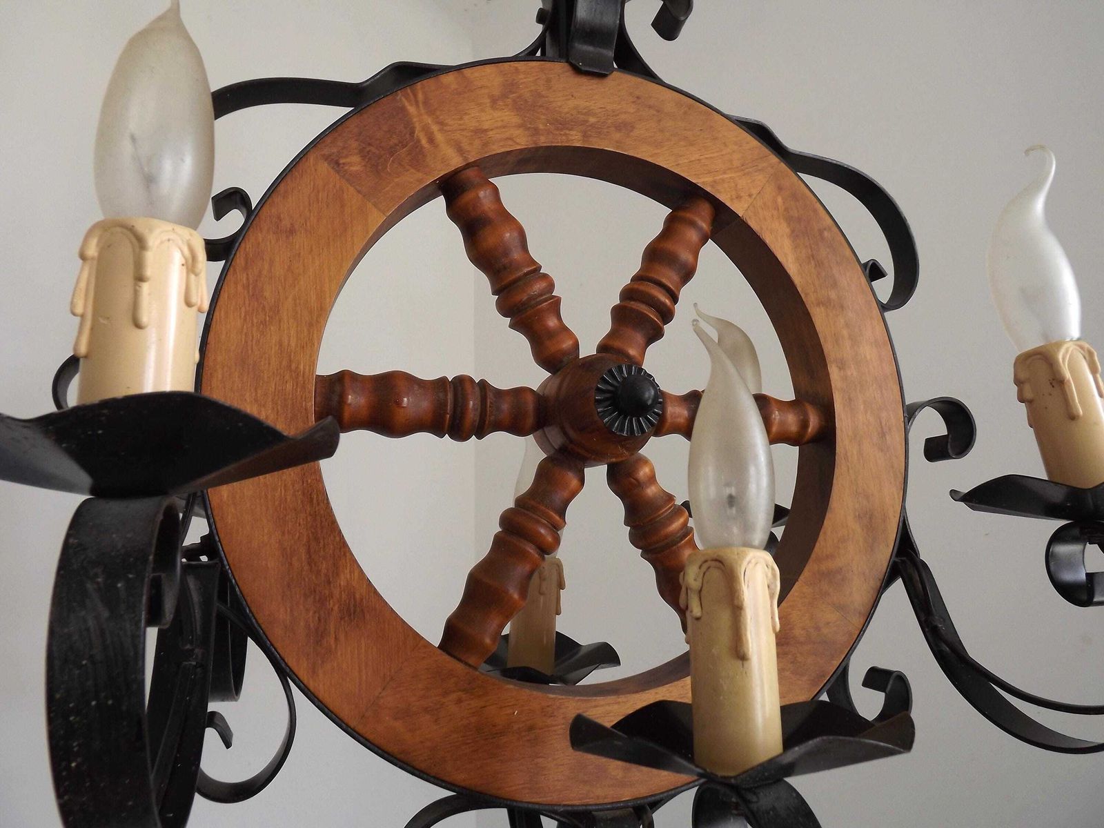 French Vintage Rustic 6 Light Chandelier Hand Carved Wood & Black Iron Wheel Ceiling Light   Farmhouse Lighting. Country Style Chandelier. photo Lighting