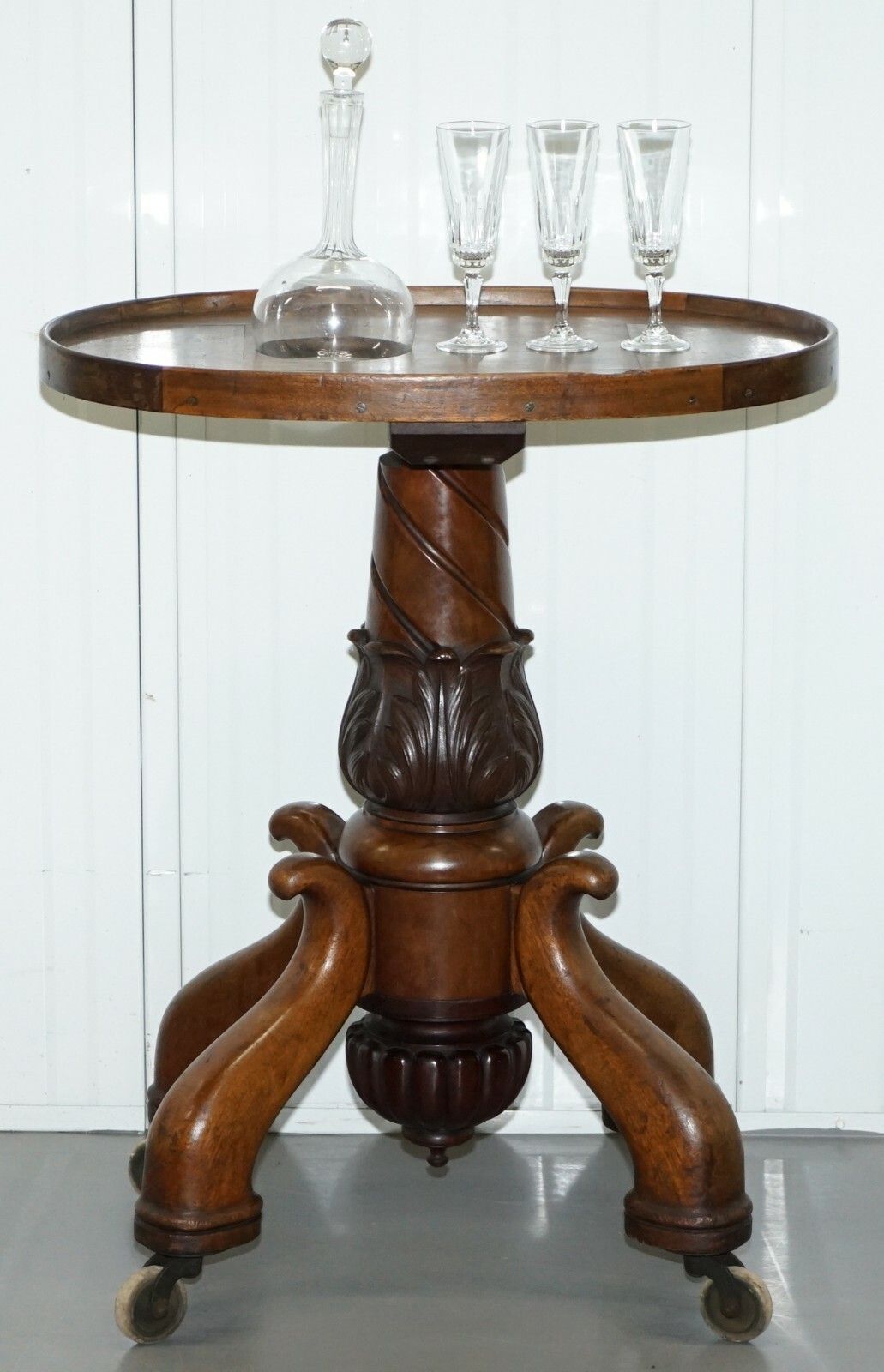 Rare Victorian 1860 Mahogany Drinks Table With Crystal Decanter & Glasses Wheels photo furniture