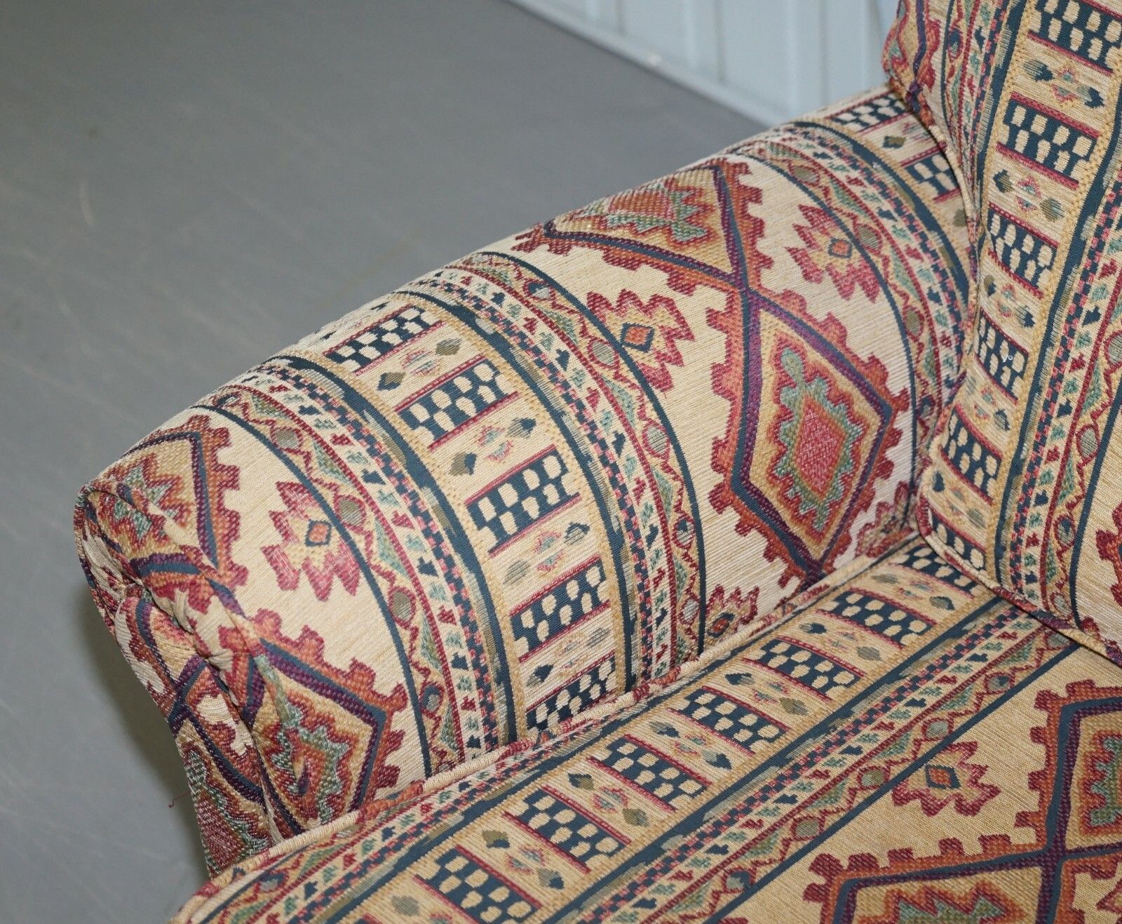 Mid Century Fully Sprung Art Deco Style Kilim Rug Upholstered Sofa Part Of Suite photo vinterior