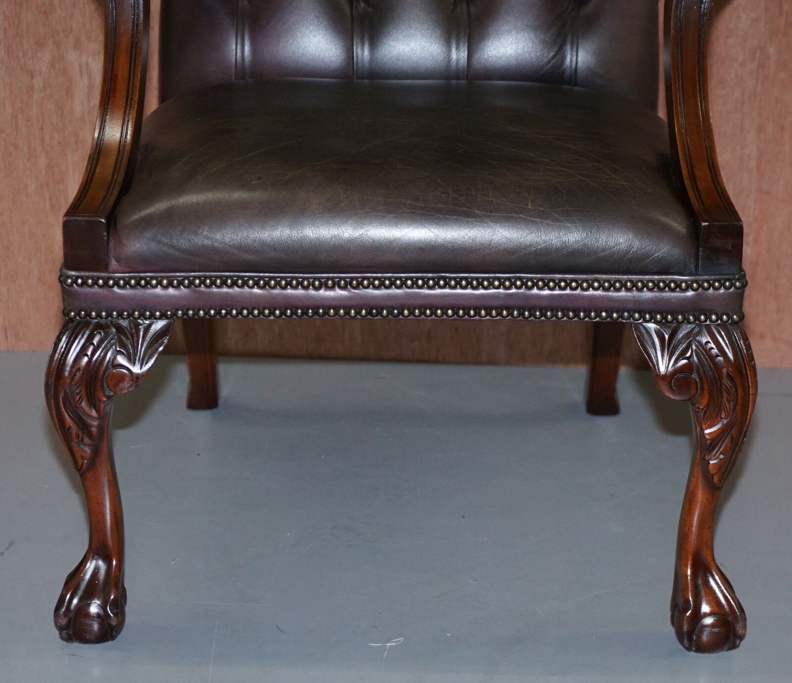 George II Gainsborough Carver Chesterfield Leather Armchair Claw & Ball Feet photo vinterior