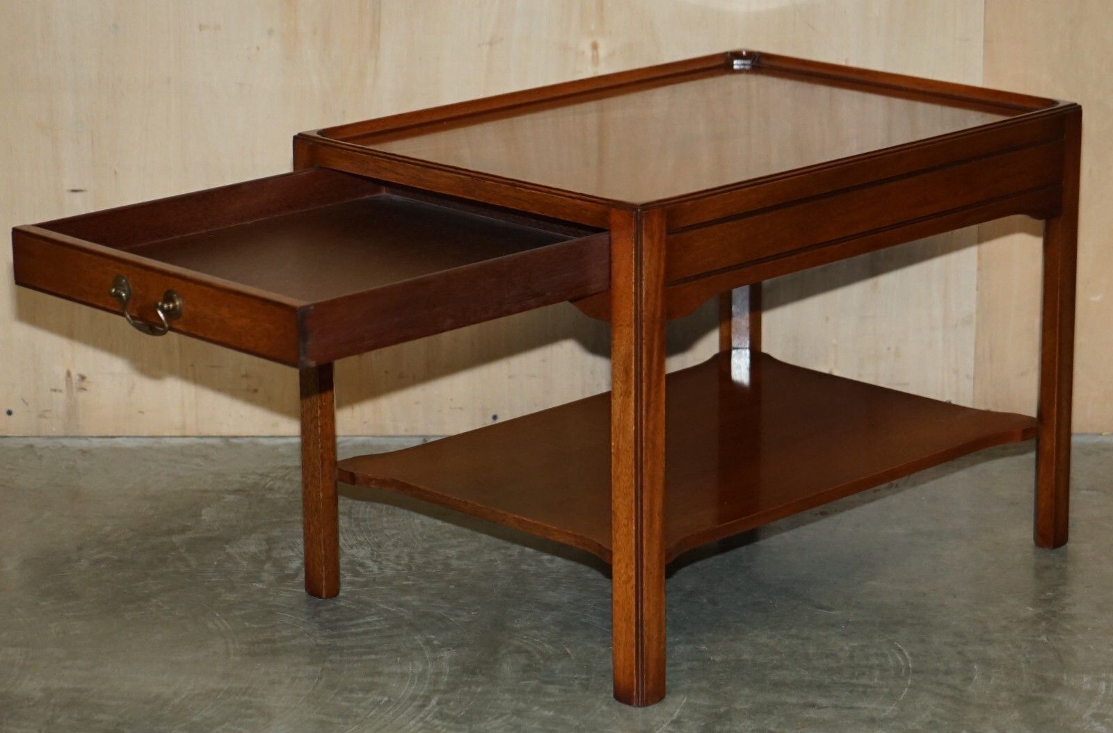 photo for sale Pair Of Stunning Long Two Tiered Side Tables With Large Drawers & Faux To Back