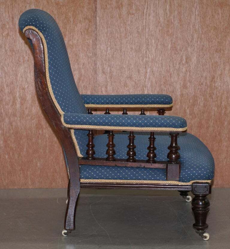 Lovely Early Victorian Hardwood Library Reading Armchair Regency Blue Upholstery photo vintage