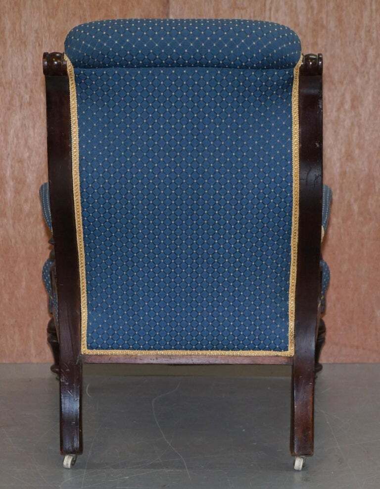 Furniture Lovely Early Victorian Hardwood Library Reading Armchair Regency Blue Upholstery photo