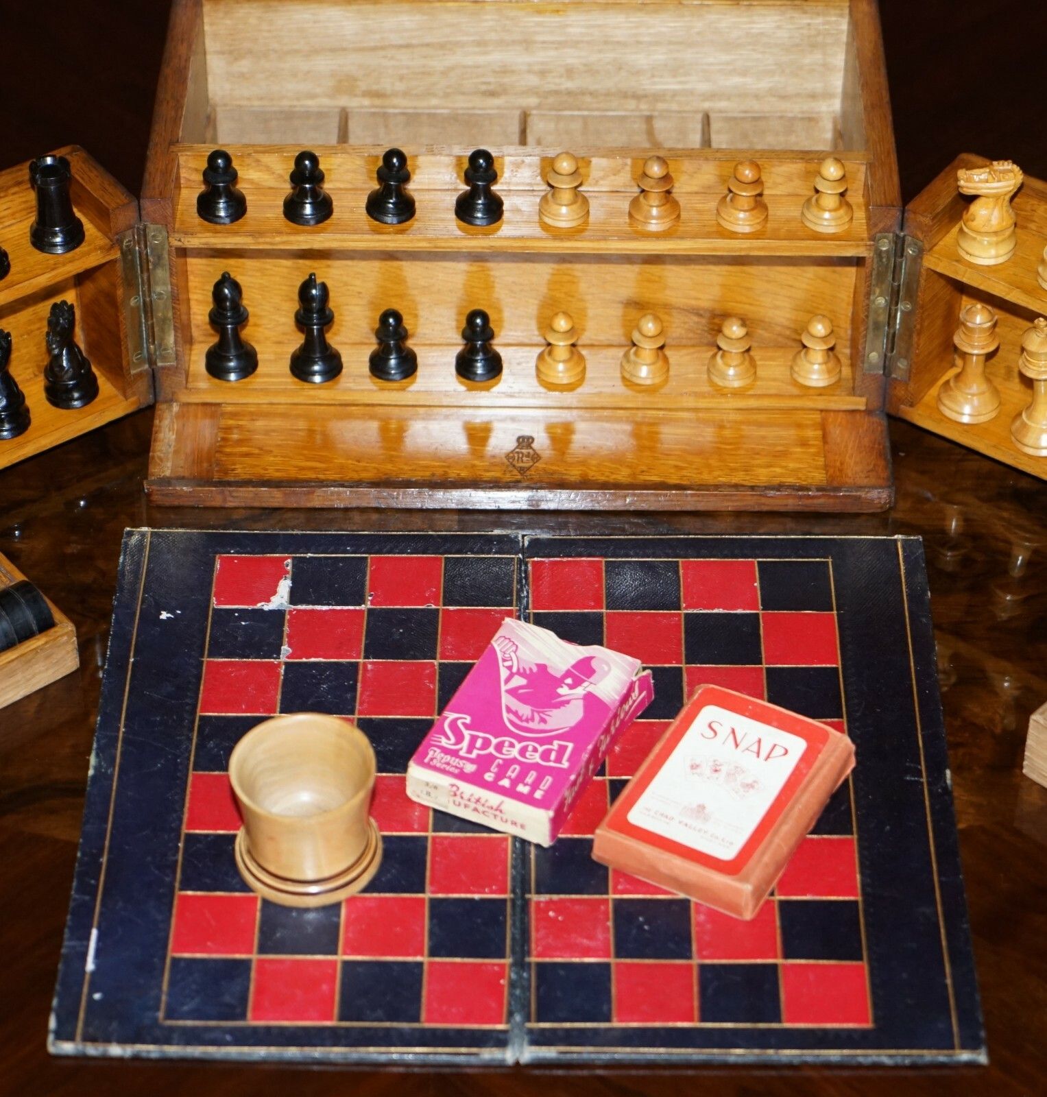 Royal Crown Stamped Victorian Oak Games Compendium Chess Cards Dominos Checkers photo buy