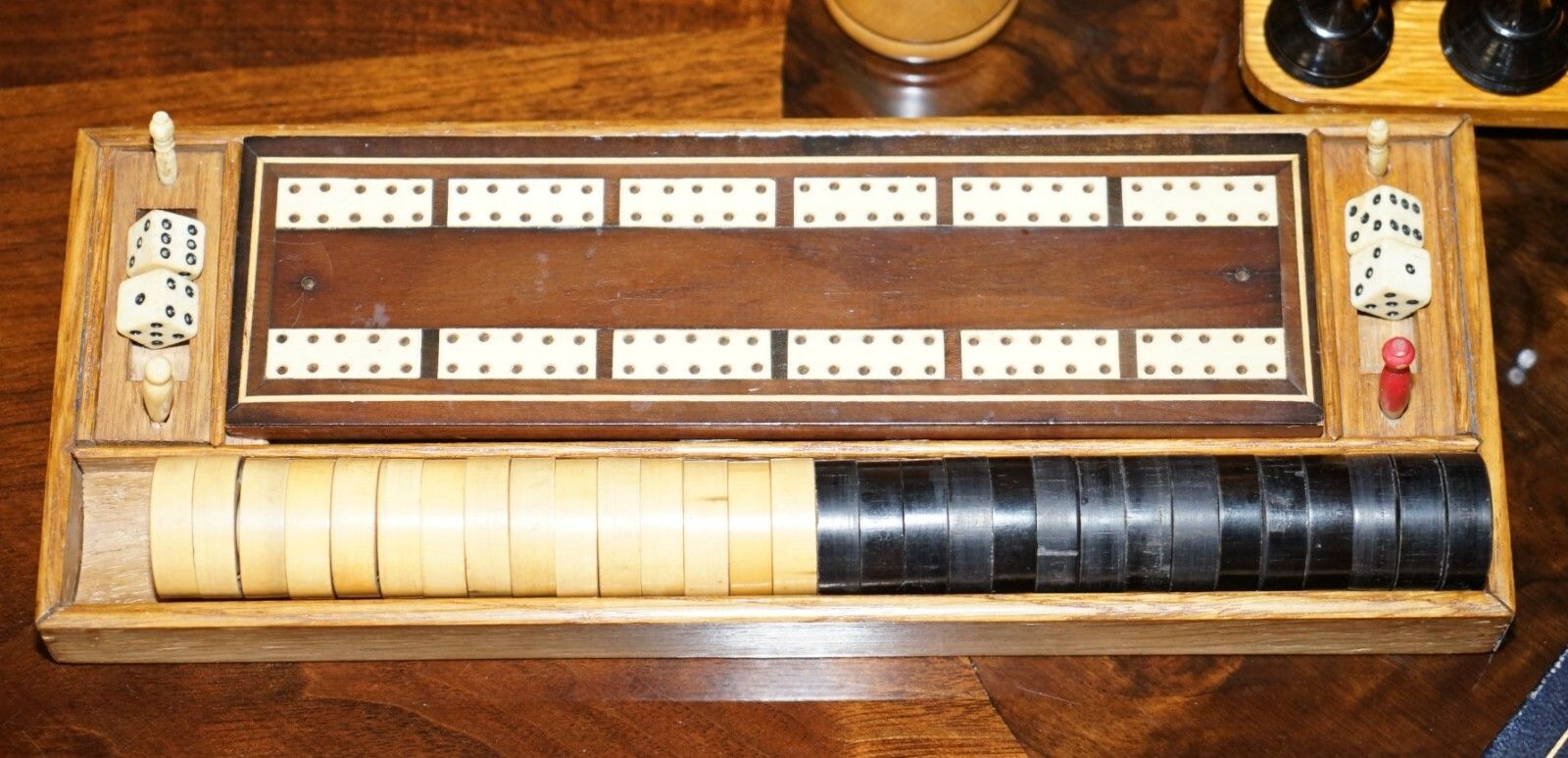 photo for sale Royal Crown Stamped Victorian Oak Games Compendium Chess Cards Dominos Checkers