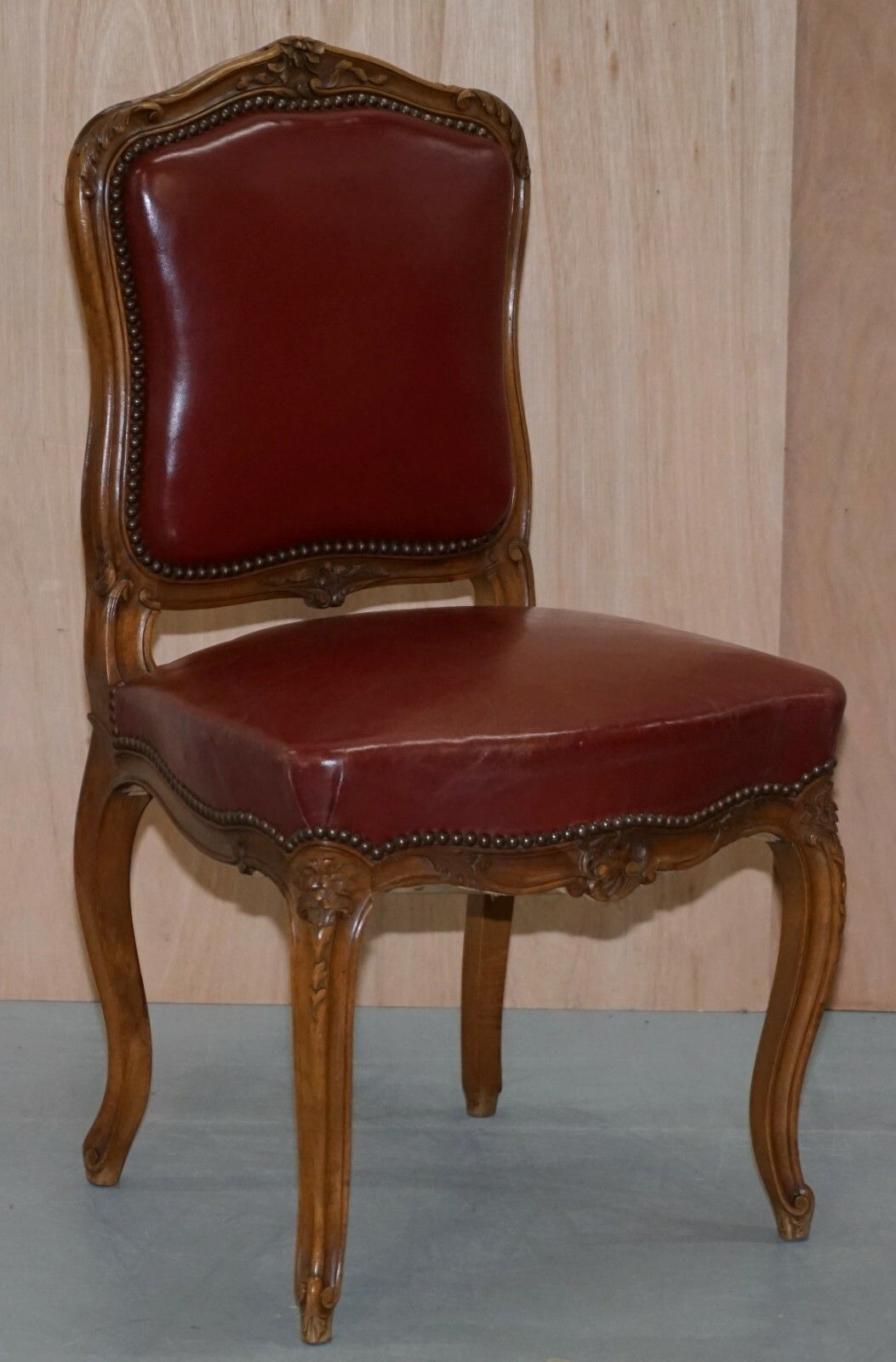 photo for sale Oxblood Leather French Louis XV Style Salon Suite Walnut Armchairs & Sofa Settee