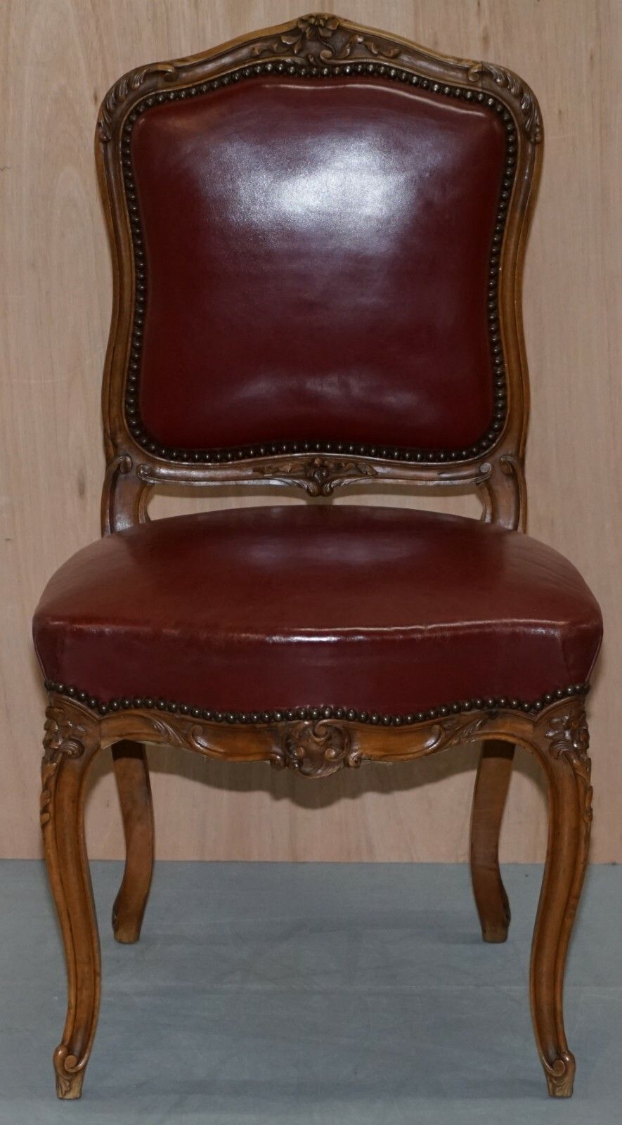 Furniture Oxblood Leather French Louis XV Style Salon Suite Walnut Armchairs & Sofa Settee photo