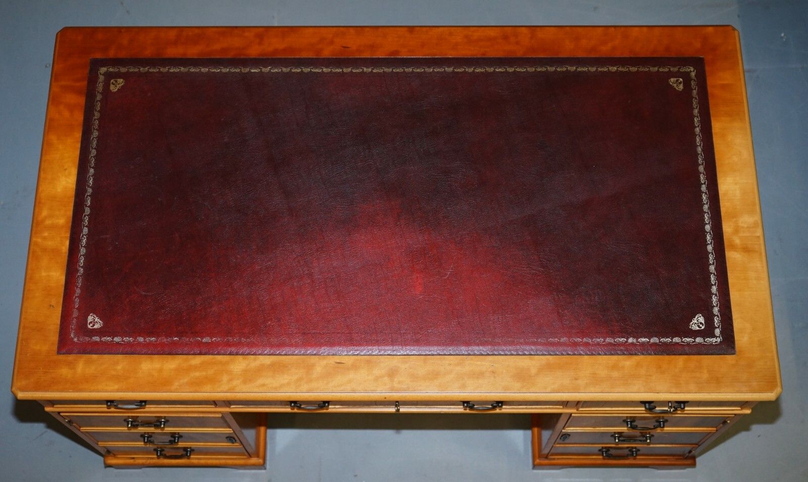 Vintage Burr Satinwood Kneehole Partner Desk Oxblood Leather Top Panelled Back photo vinterior