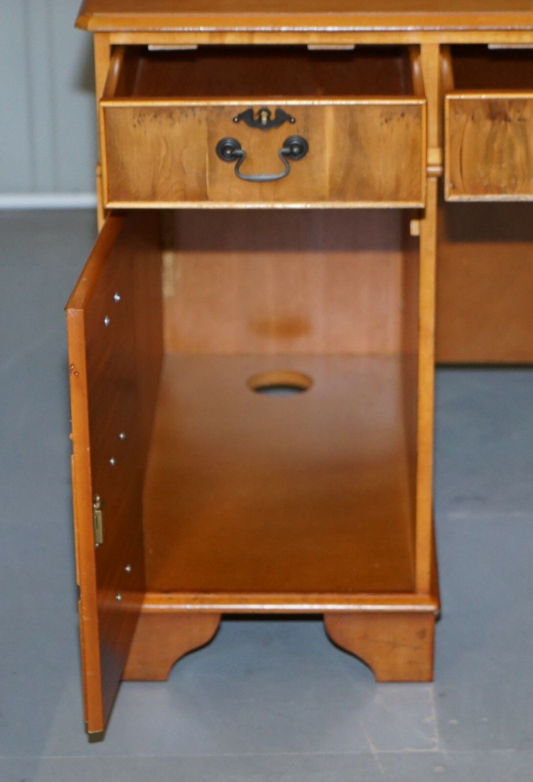 photo for sale Vintage Burr Satinwood Kneehole Partner Desk Oxblood Leather Top Panelled Back