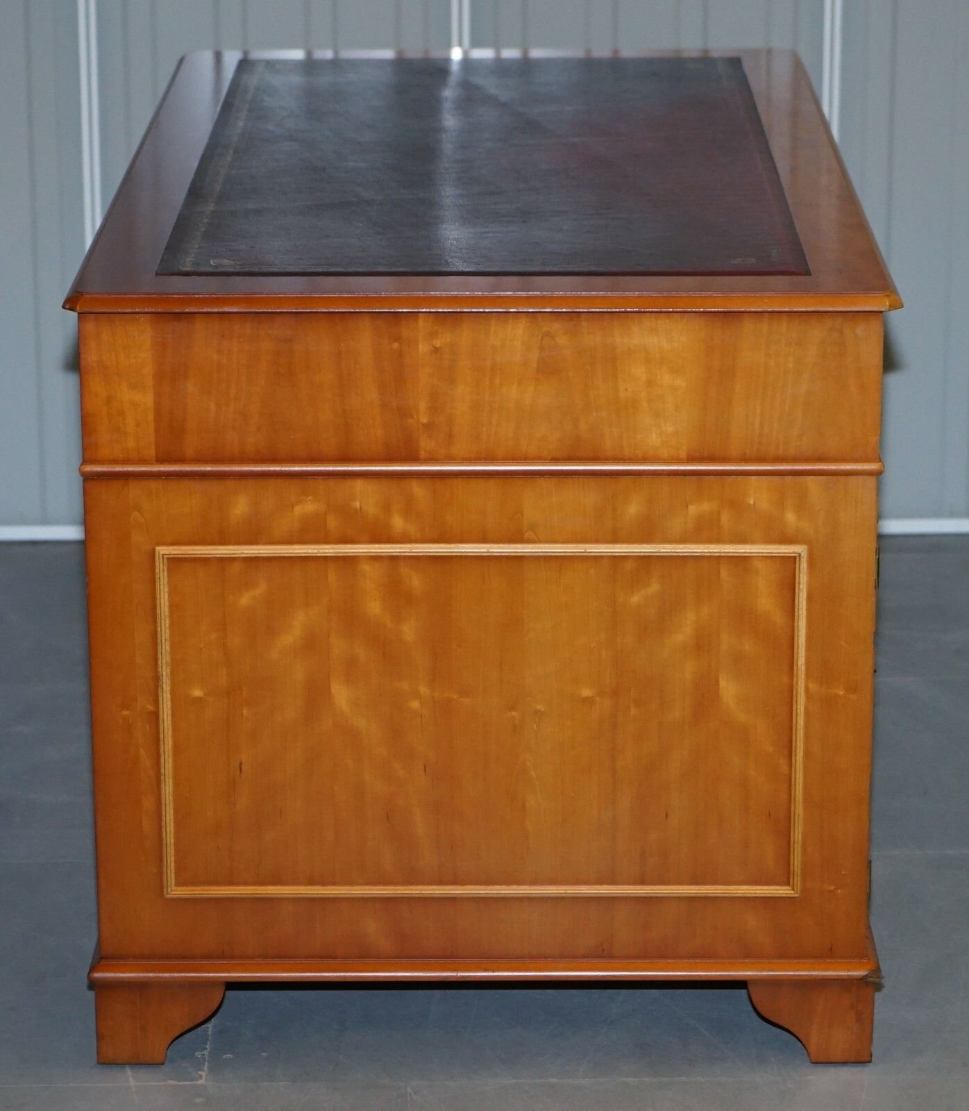 Furniture Vintage Burr Satinwood Kneehole Partner Desk Oxblood Leather Top Panelled Back photo