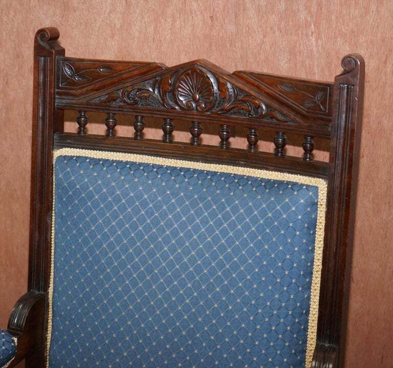 Early Victorian Carved Hardwood Library Reading Armchair Regency Blue Upholstery photo Furniture