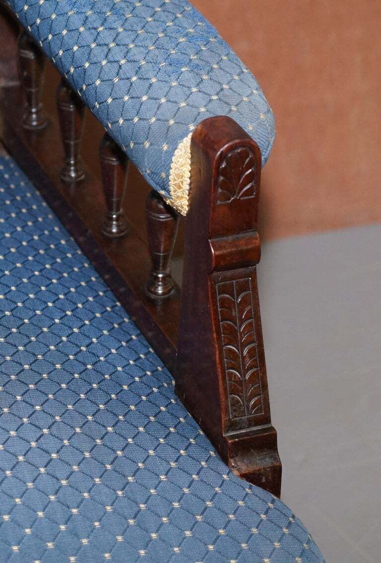 Early Victorian Carved Hardwood Library Reading Armchair Regency Blue Upholstery photo vinterior