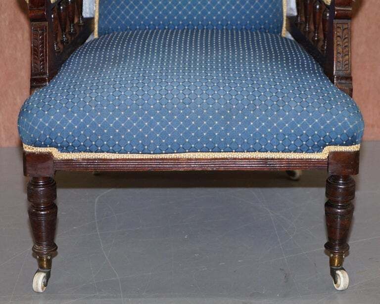 Early Victorian Carved Hardwood Library Reading Armchair Regency Blue Upholstery photo buy