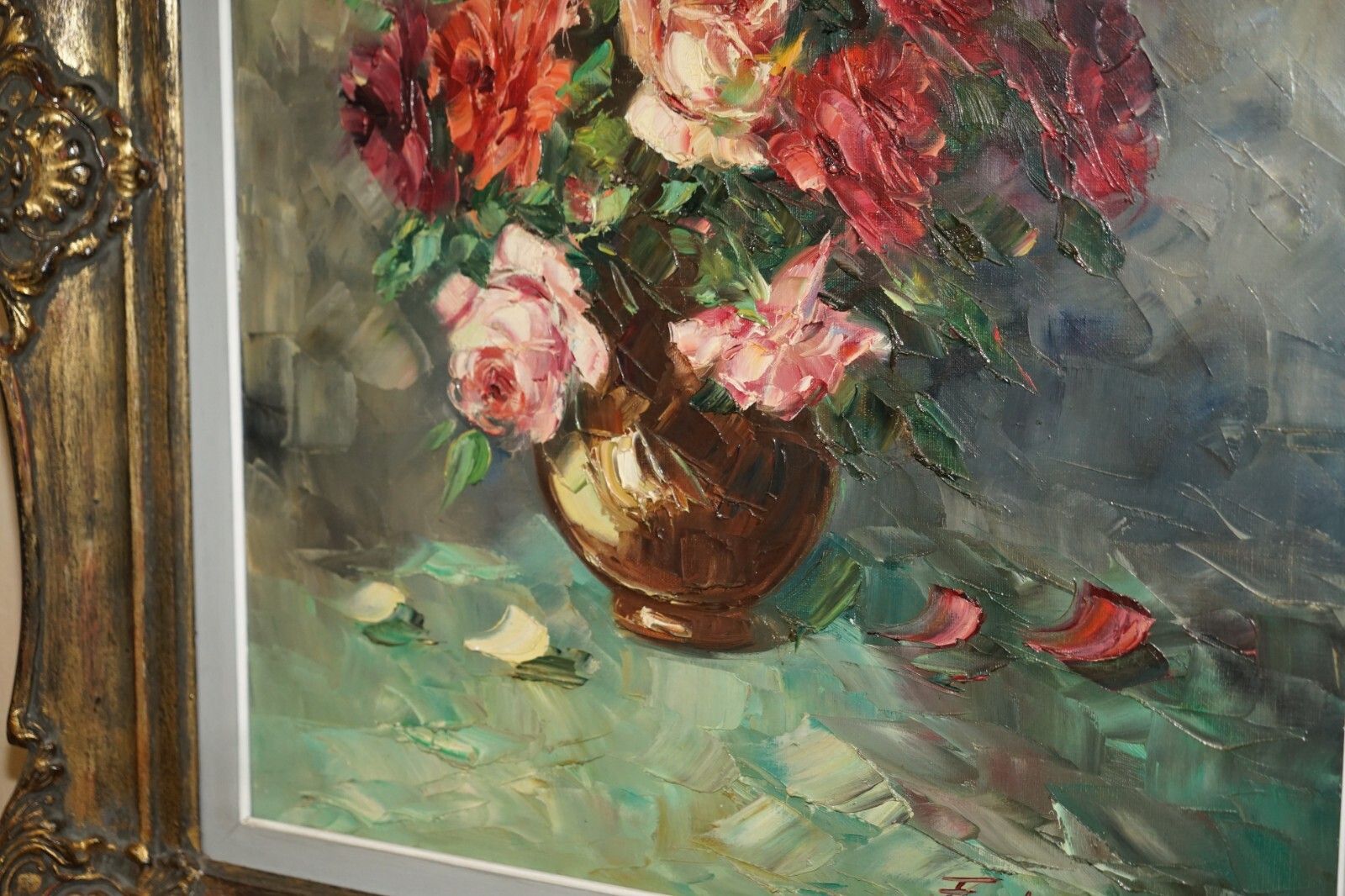 Antique French Signed Fouley Oil Painting Of Flowers Done With Palette Knife photo vinterior