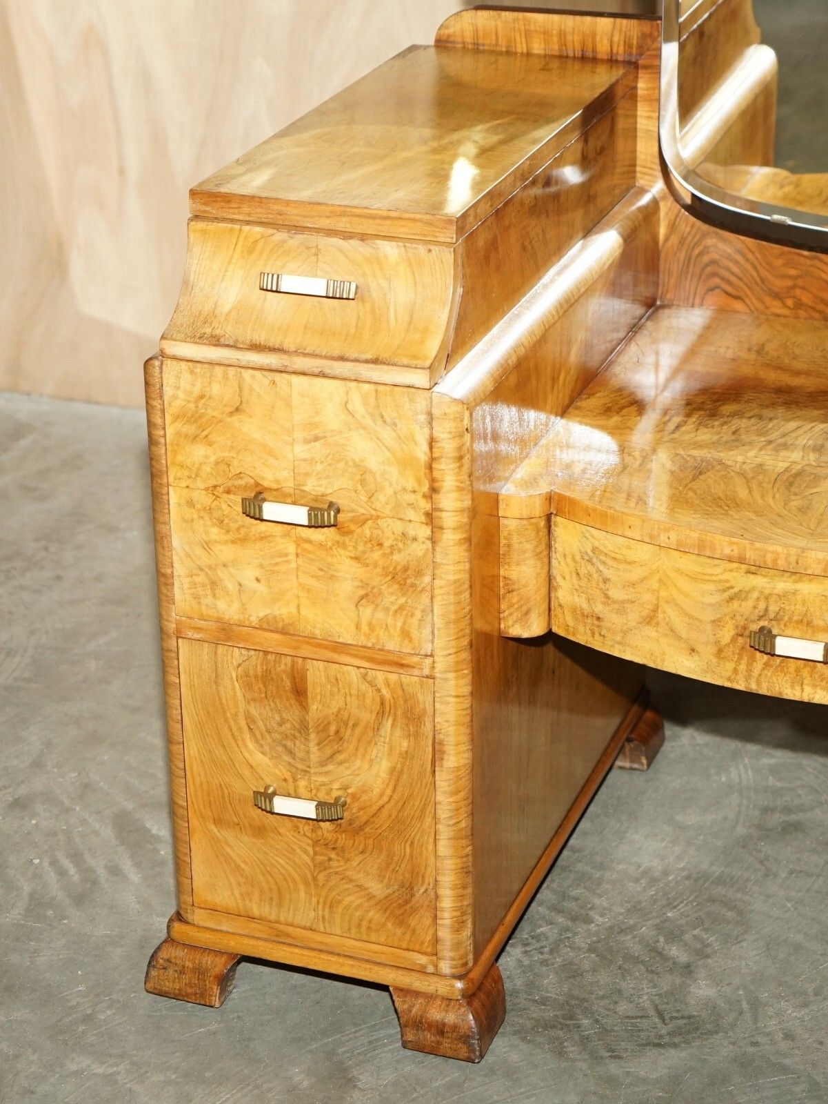 Antique Art Deco Circa 1930's Satin Walnut Dressing Table + Mirror Part Of Suite photo Furniture
