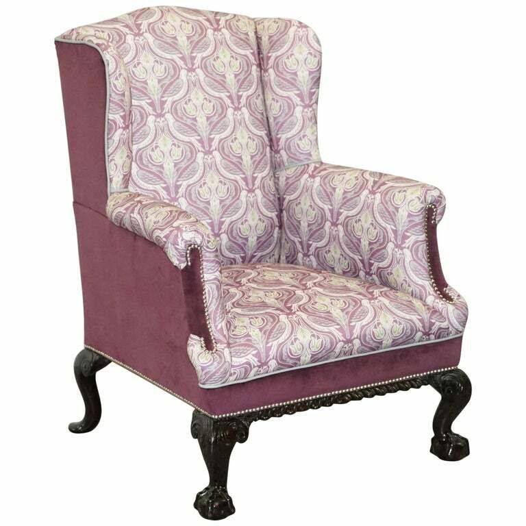 Fully Restored And Reupholstered Victorian Claw & Ball Fee Wingback Armchair