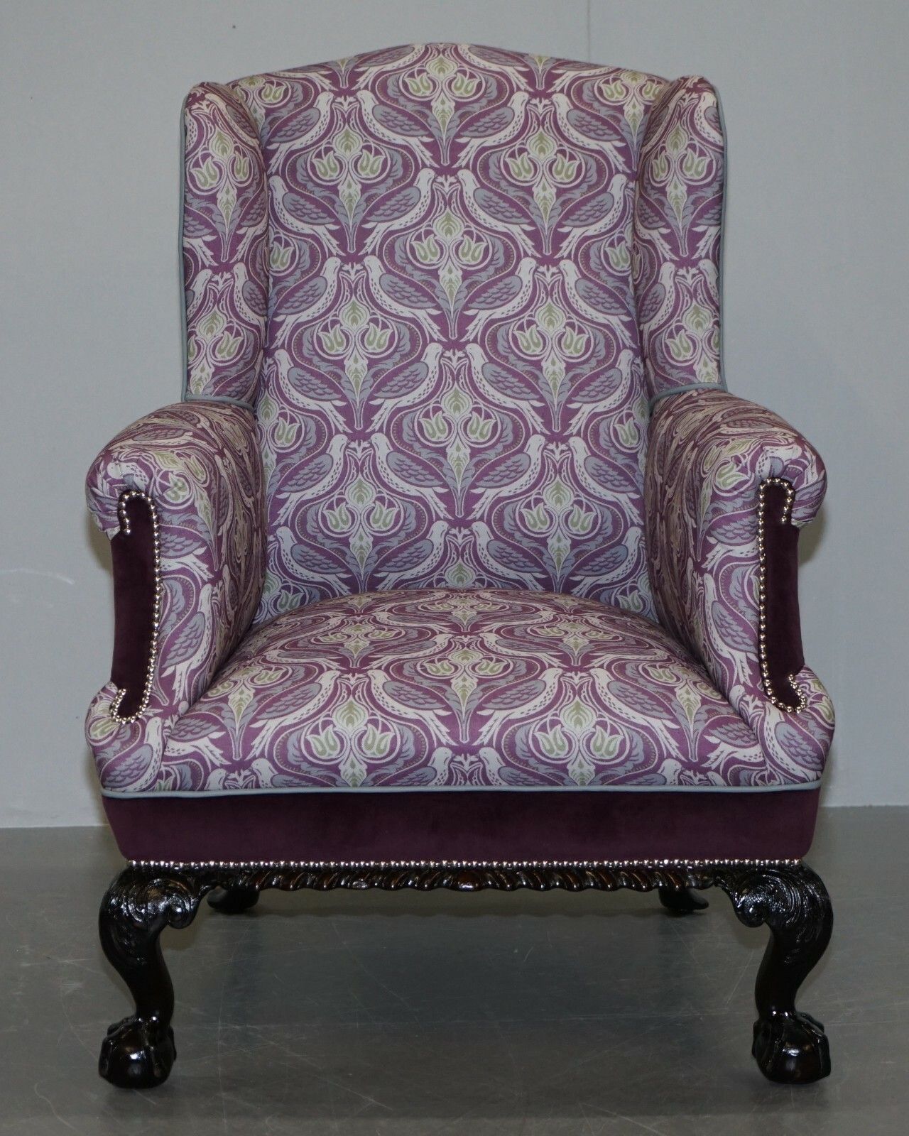 Fully Restored And Reupholstered Victorian Claw & Ball Fee Wingback Armchair photo for sale