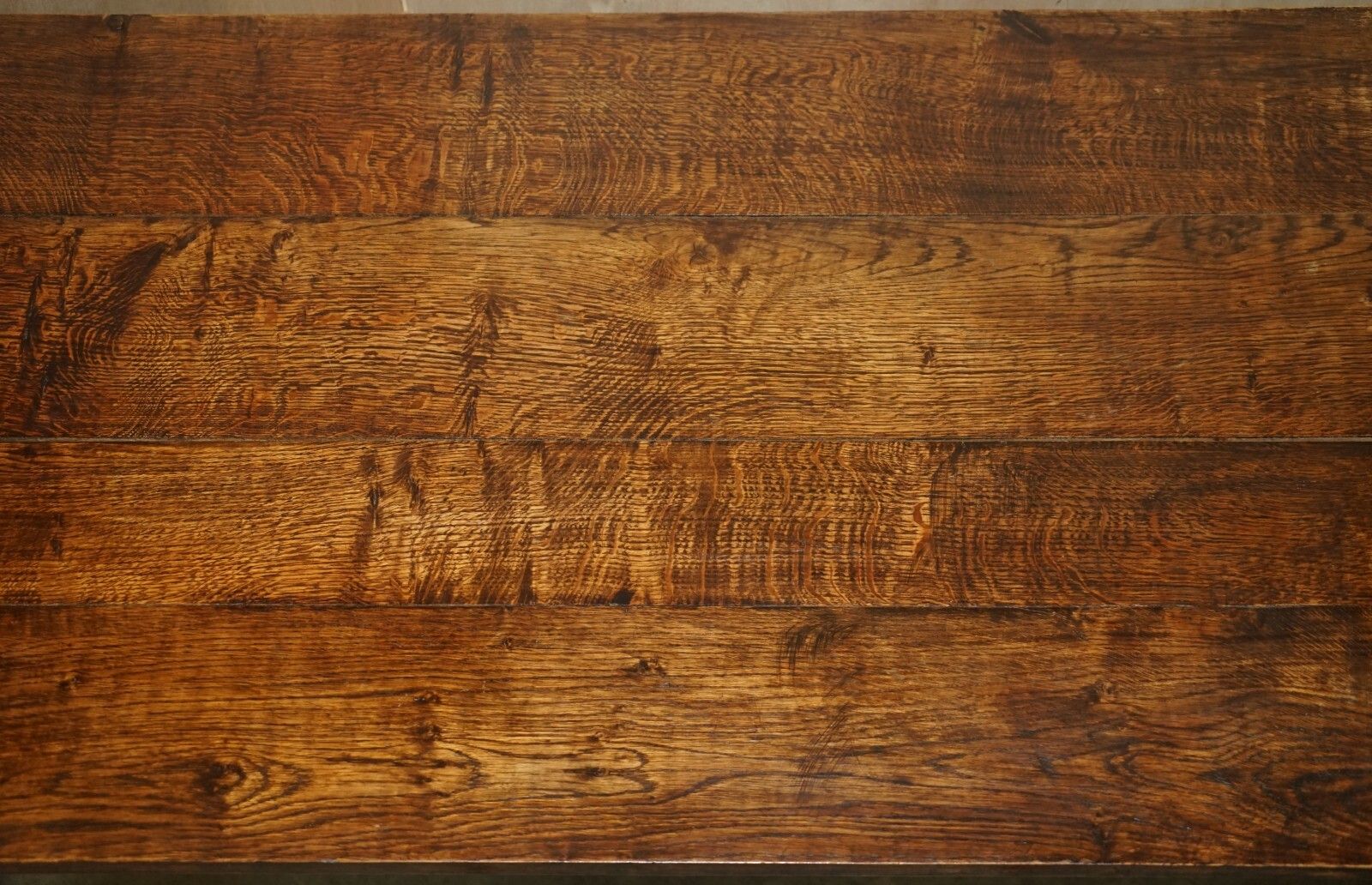 photo vinterior Vintage Hand Carved Circa 1950's Trestle Dining Table English Oak Jacobean Style