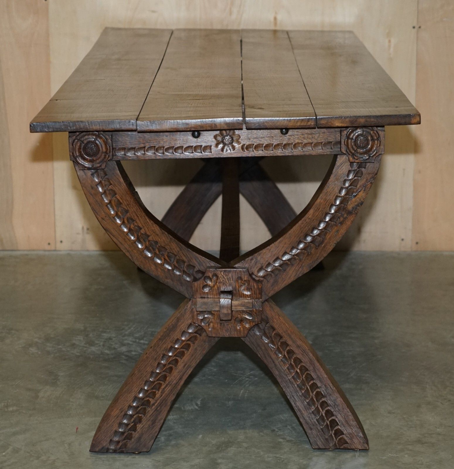 photo vintage Vintage Hand Carved Circa 1950's Trestle Dining Table English Oak Jacobean Style