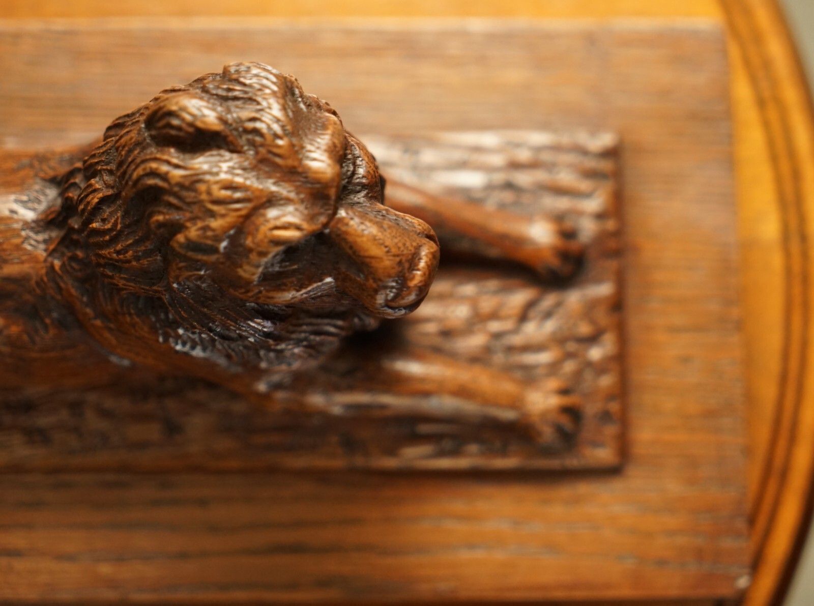Stunning Antique Circa 1860 Hand Carved English Oak Recumbent Lion Statue photo vintage
