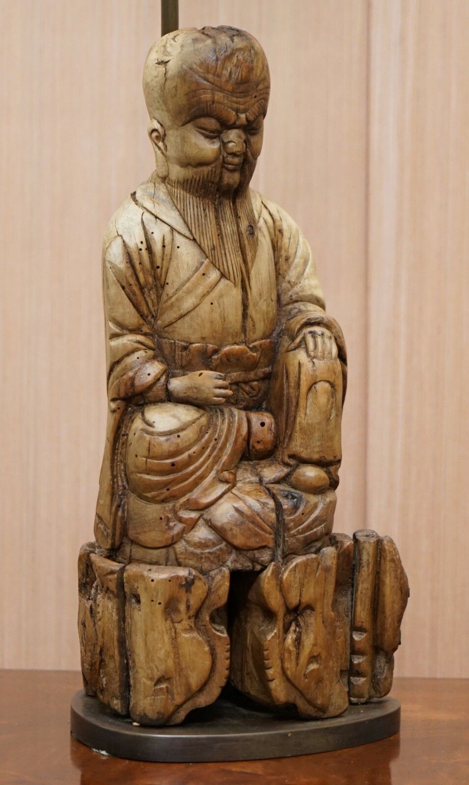 Very Rare Circa 1780 1800 Chinese Rootwood Carved Statue Of Buddha Table Lamp photo for sale
