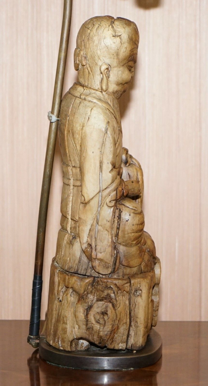 1850.0 Very Rare Circa 1780 1800 Chinese Rootwood Carved Statue Of Buddha Table Lamp photo