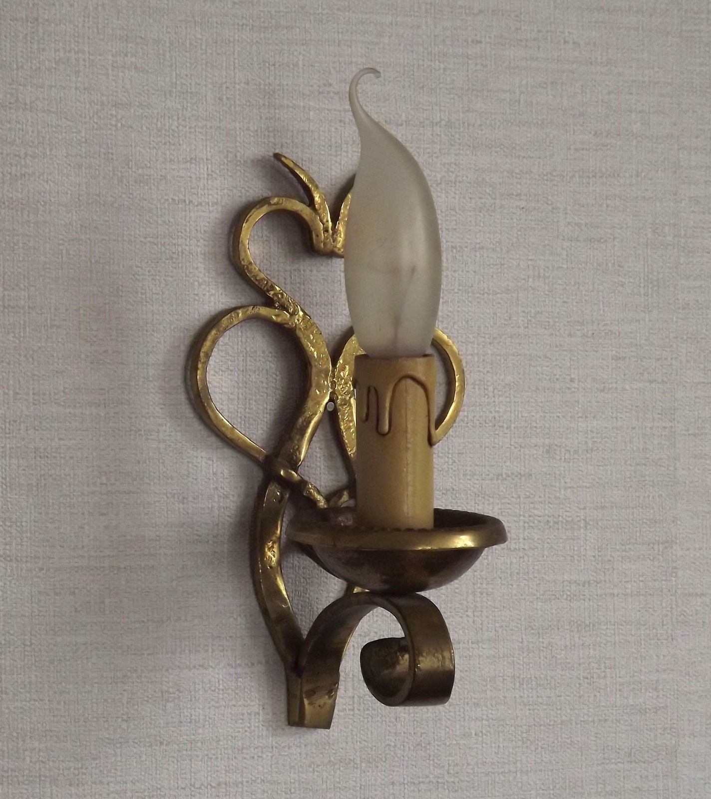 French Vintage Brass Hand Made Single Wall Light Scrolled Open Backplate   French Vintage Lighting. Hand Forged Brass Single Light Sconce. photo vinterior