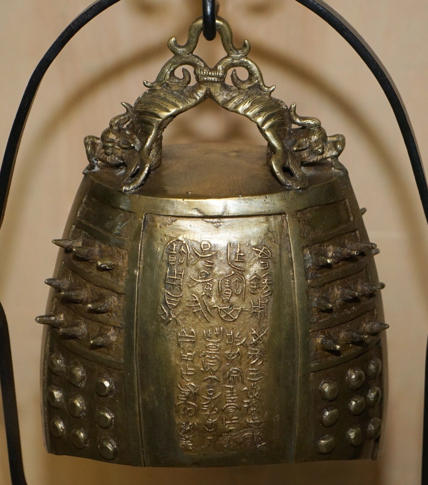 Antique Circa 1920 Chinese Export Floor Standing Bell With Wrought Iron Stand photo vinterior