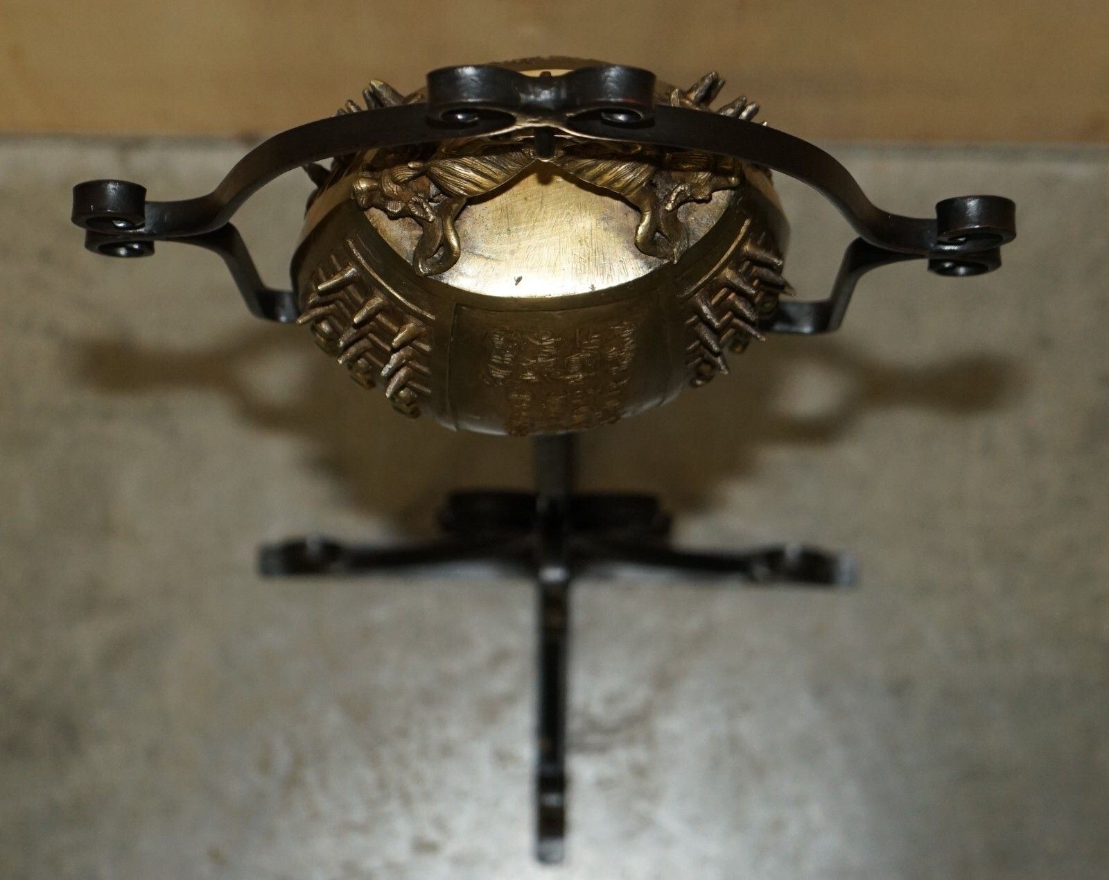 photo furniture Antique Circa 1920 Chinese Export Floor Standing Bell With Wrought Iron Stand
