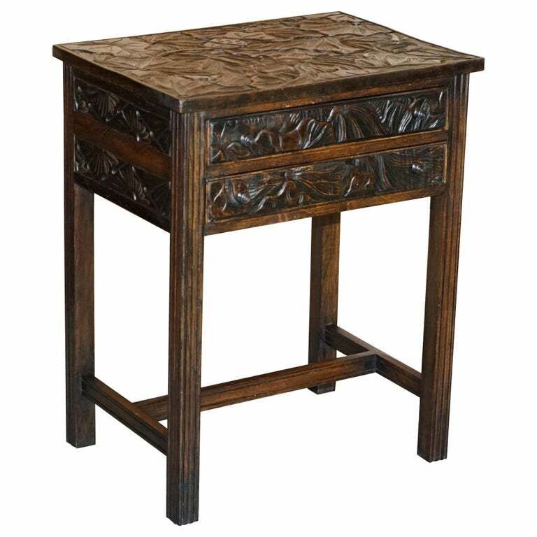 Circa 1905 Liberty's London Japanese Hand Carved Side Lamp Table Cutlery Drawers