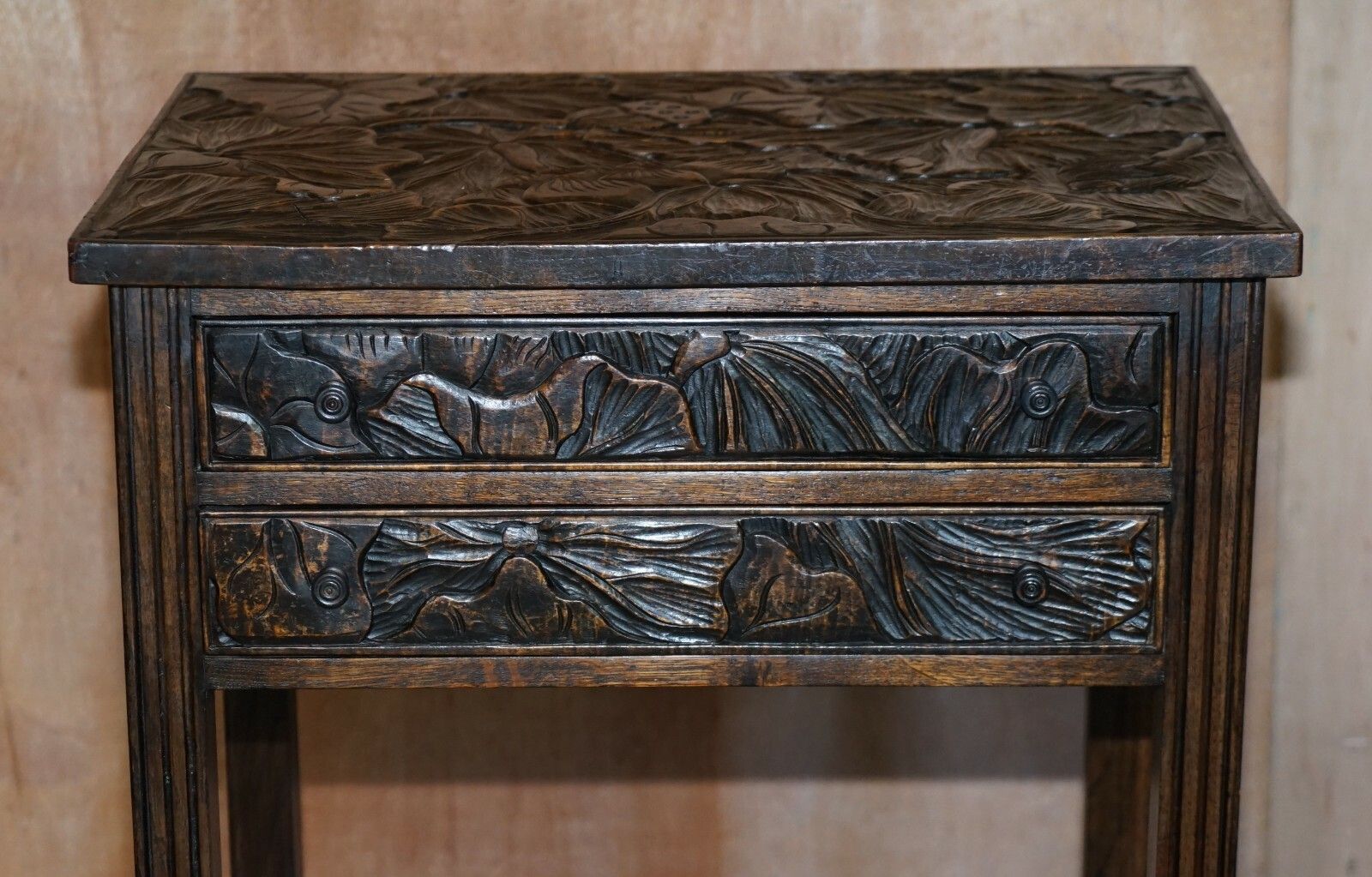 Circa 1905 Liberty's London Japanese Hand Carved Side Lamp Table Cutlery Drawers photo vinterior