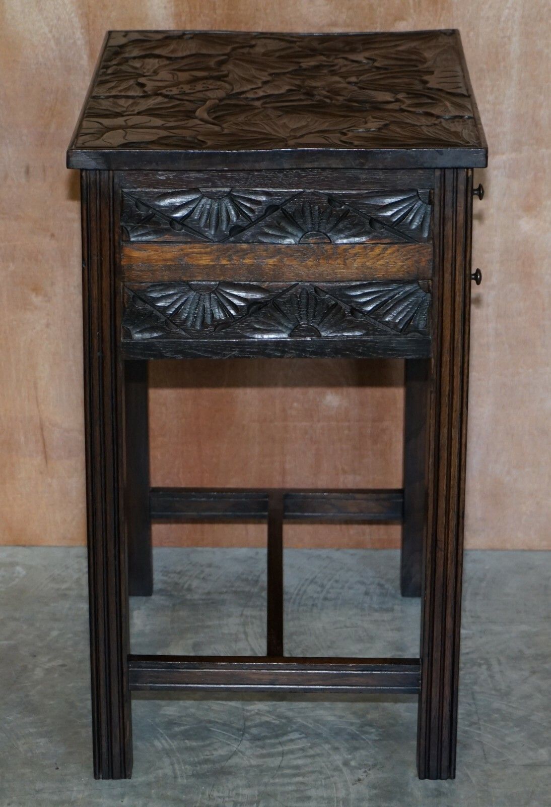 Circa 1905 Liberty's London Japanese Hand Carved Side Lamp Table Cutlery Drawers photo vintage