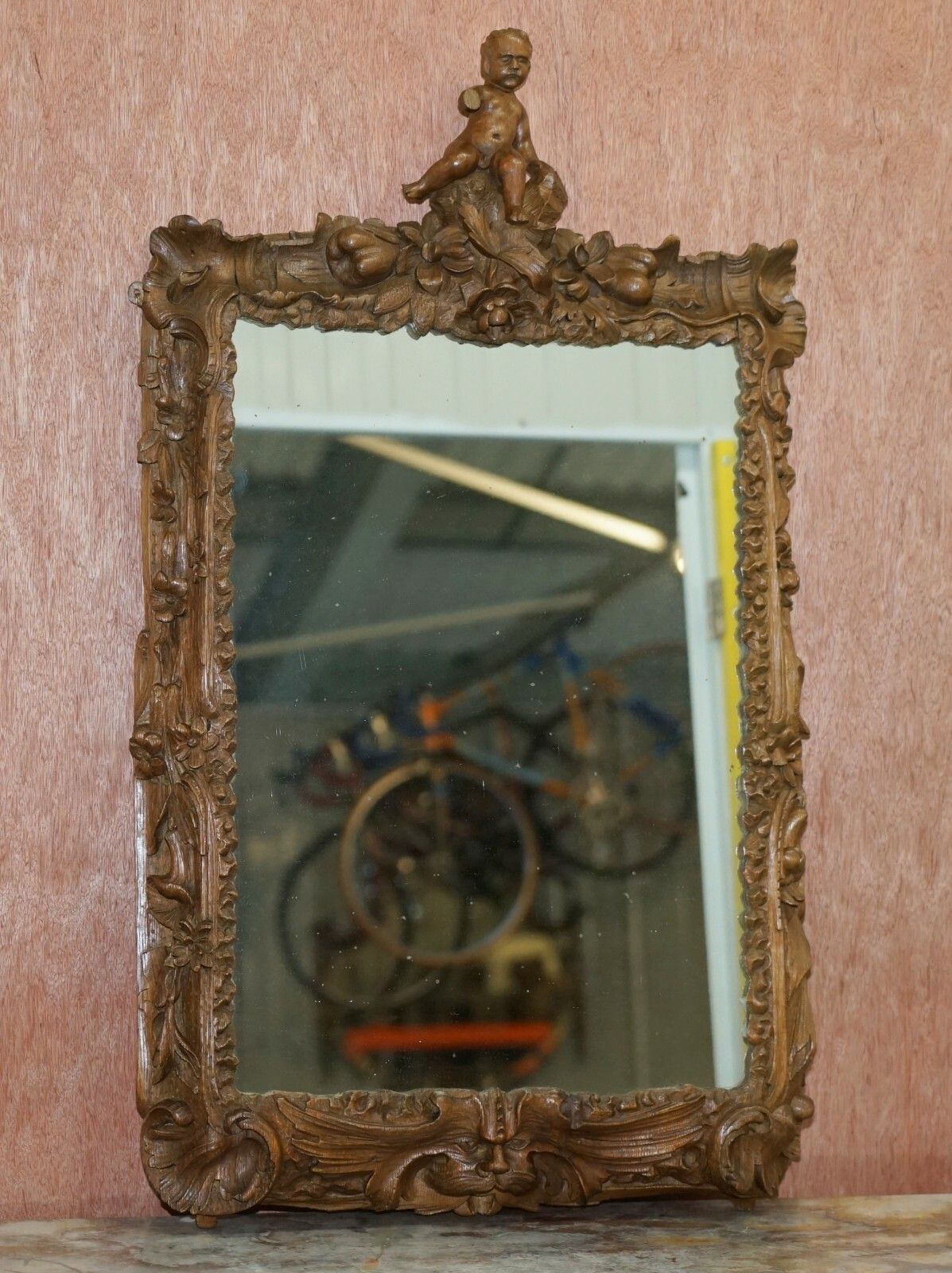 Rare Original 18th Century Ornately Carved Frame Wall Mirror With Cherub Boy photo furniture