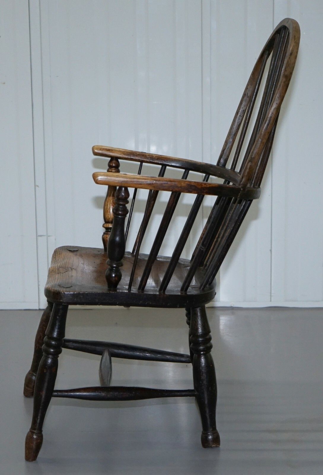 photo for sale Early Original Worn Paint 19th Century Hoop Back West Country Windsor Armchair