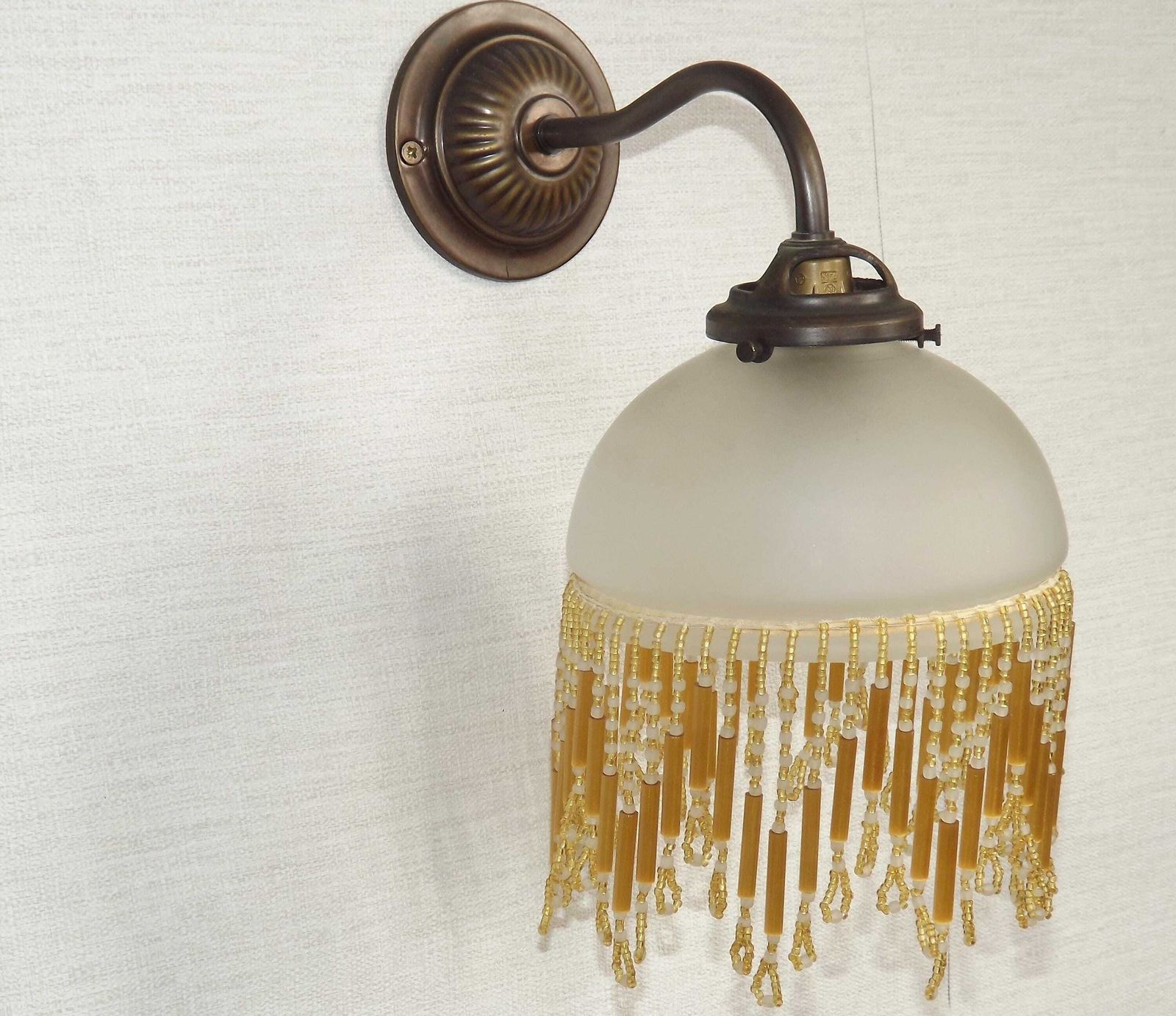 French Vintage Single Wall Light Bronze Effect With Opaque Glass Shade & Gold Beaded Fringe   French Vintage Lighting. Single Wall Sconce.