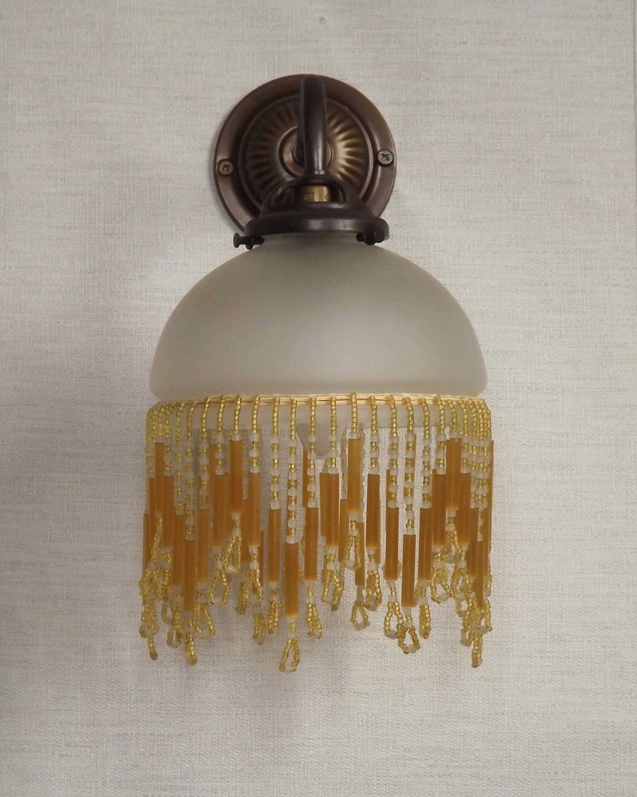 French Vintage Single Wall Light Bronze Effect With Opaque Glass Shade & Gold Beaded Fringe   French Vintage Lighting. Single Wall Sconce. photo 75.0