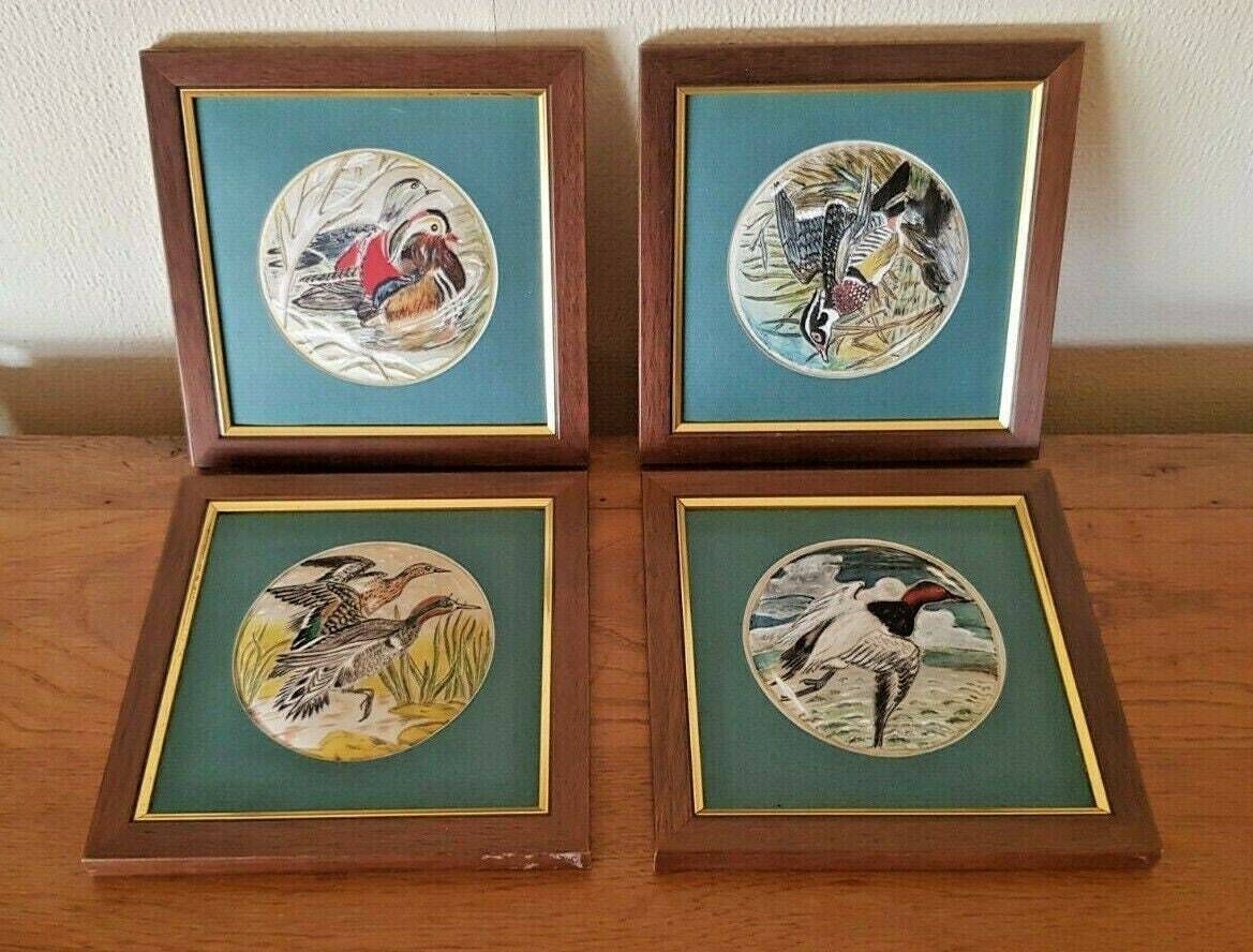 Set Of 4 Delightful Framed Satin Mallard Bird Pictures Wooden Frames   Vintage Pictures. Bird Pictures Brown And Gold Frame. Green Mount.