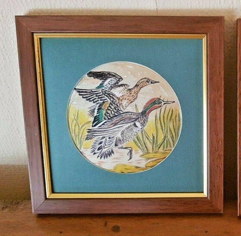 photo furniture Set Of 4 Delightful Framed Satin Mallard Bird Pictures Wooden Frames   Vintage Pictures. Bird Pictures Brown And Gold Frame. Green Mount.