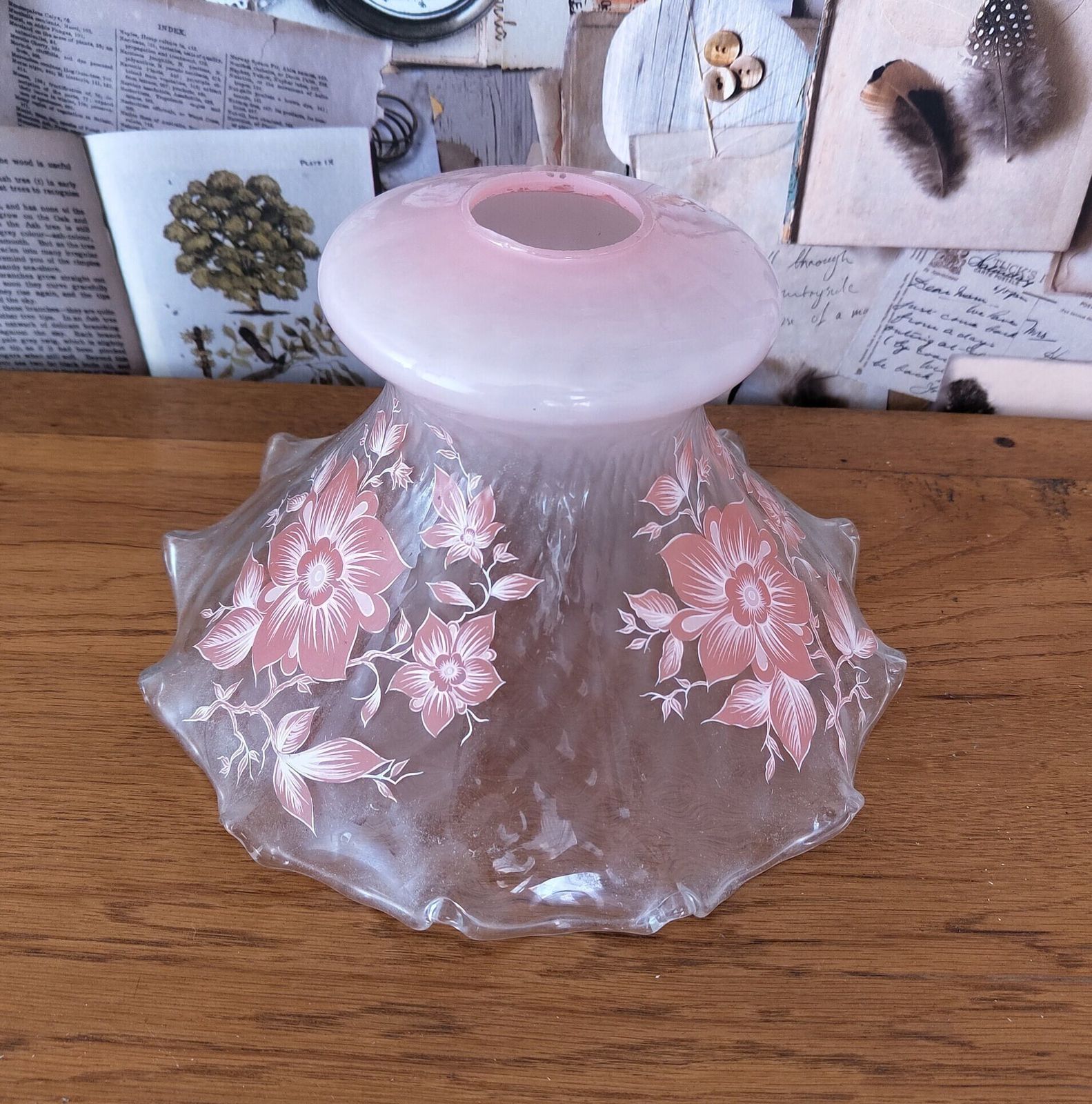 Vintage French Mid Century Light Shade In Pale Pink With Floral Decoration