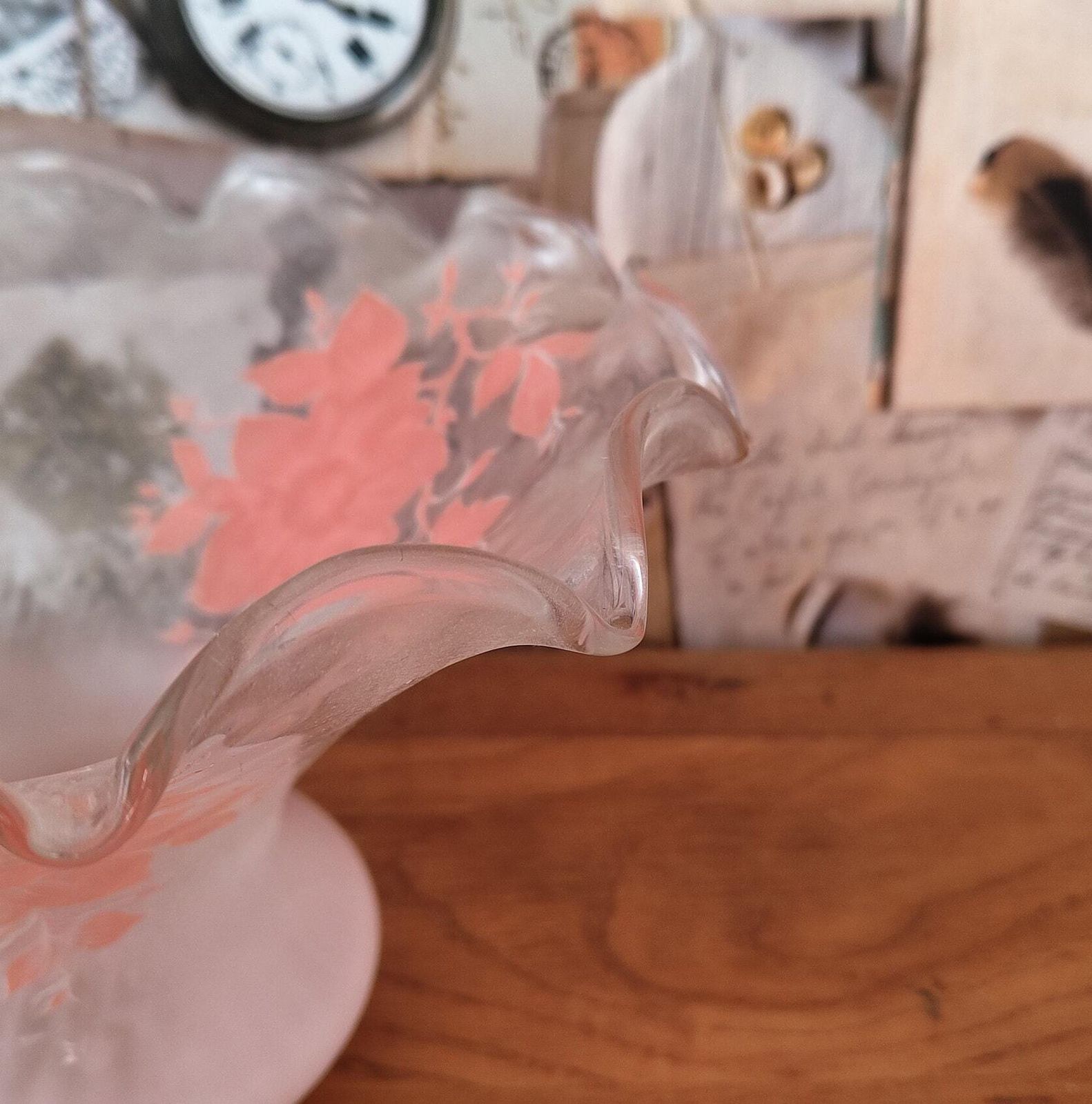 photo furniture Vintage French Mid Century Light Shade In Pale Pink With Floral Decoration