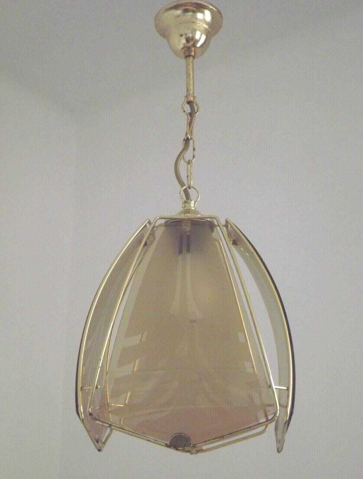 Vintage French Gold Metal Ceiling Light With 4 Decorative Glass Panels   Vintage French Lighting. Glass Panel Light; Abstract Design Panels.