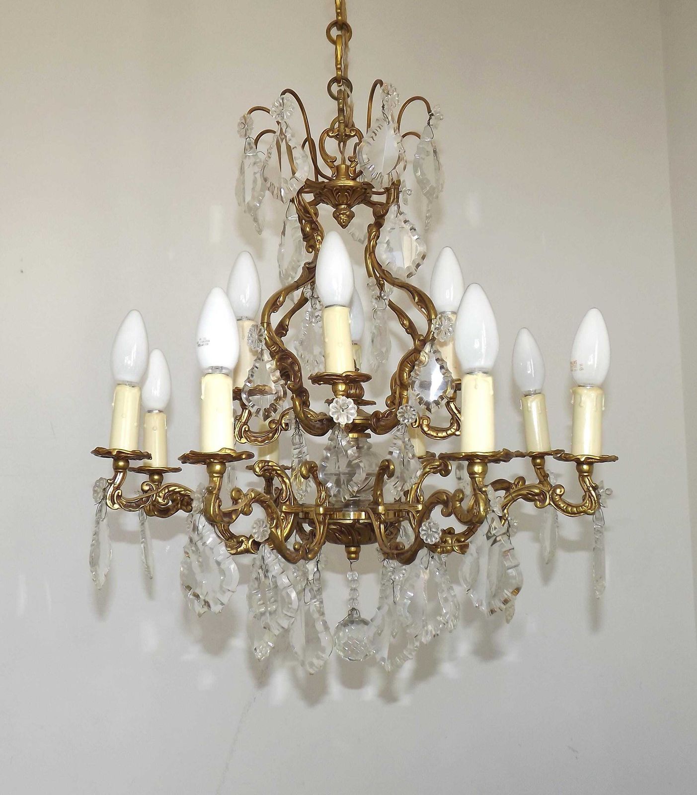 Exquisite French Art Nouveau Bronze Glass & Crystal 12 Light Cage Chandelier  French Antique Lighting. Bronze Crystal Chandelier. 12 Lights. photo furniture