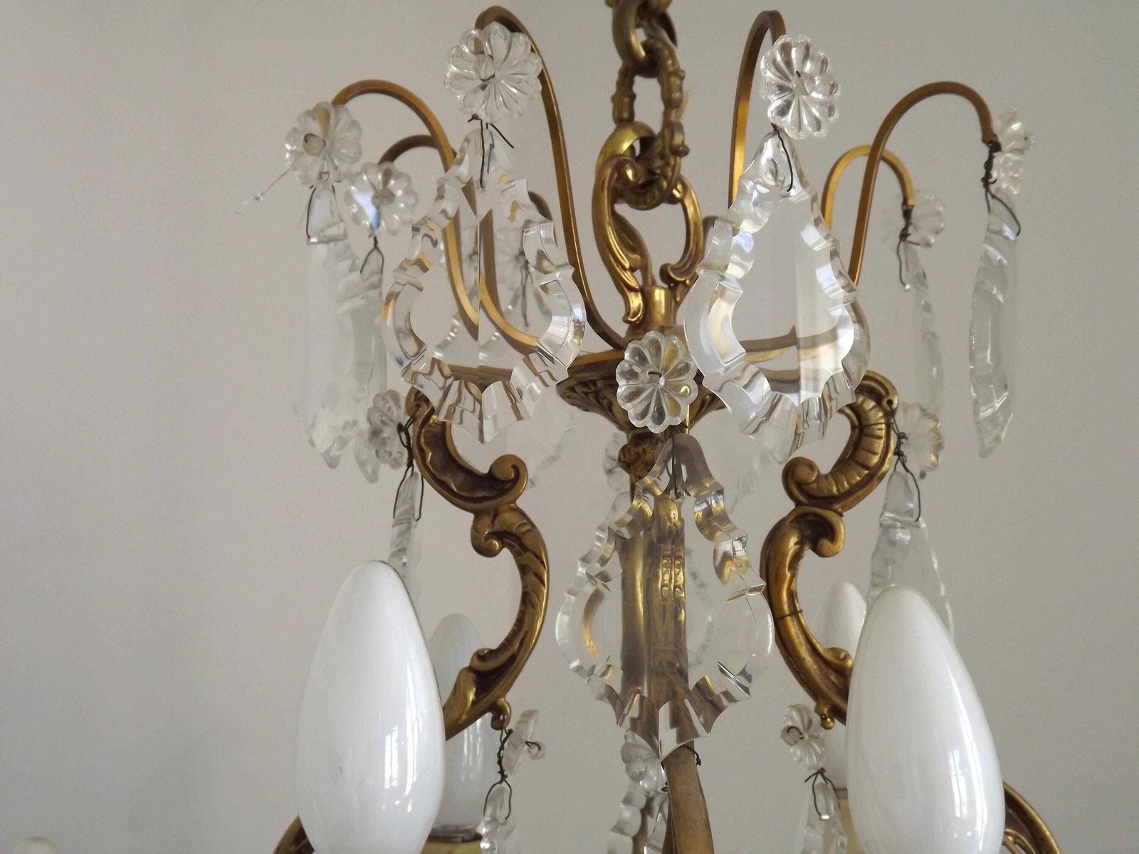 Lustre à cage Art Nouveau français en bronze, verre et cristal, 12 lumières - Luminaire d'époque français. Lustre en bronze et cristal. 12 lumières. photo vintage
