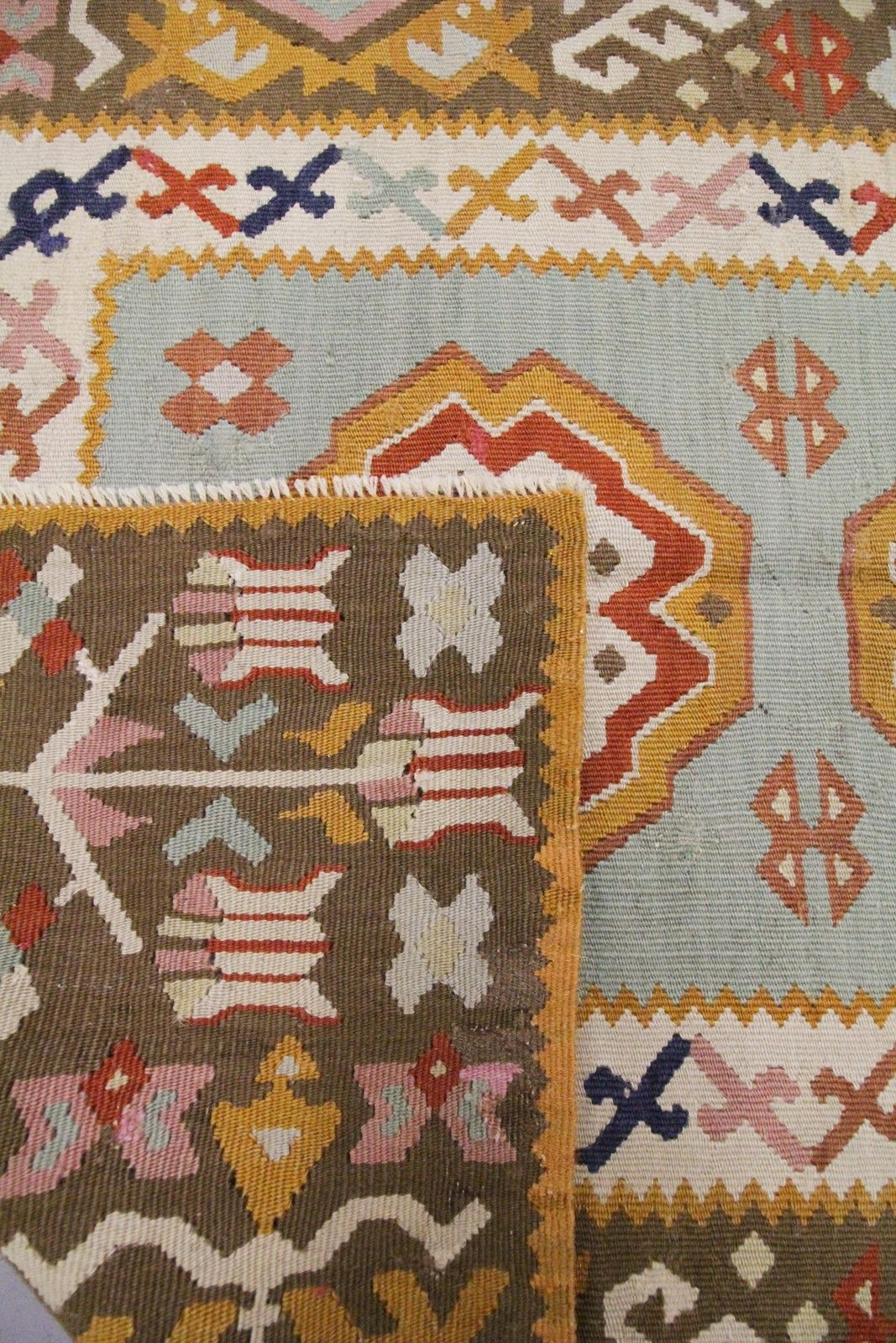 Antique Anatolian Kilim Rug, Handmade Wool Flatweave Carpet, Turquoise Blue & Mustard Geometric 141 × 93 Cm photo for sale